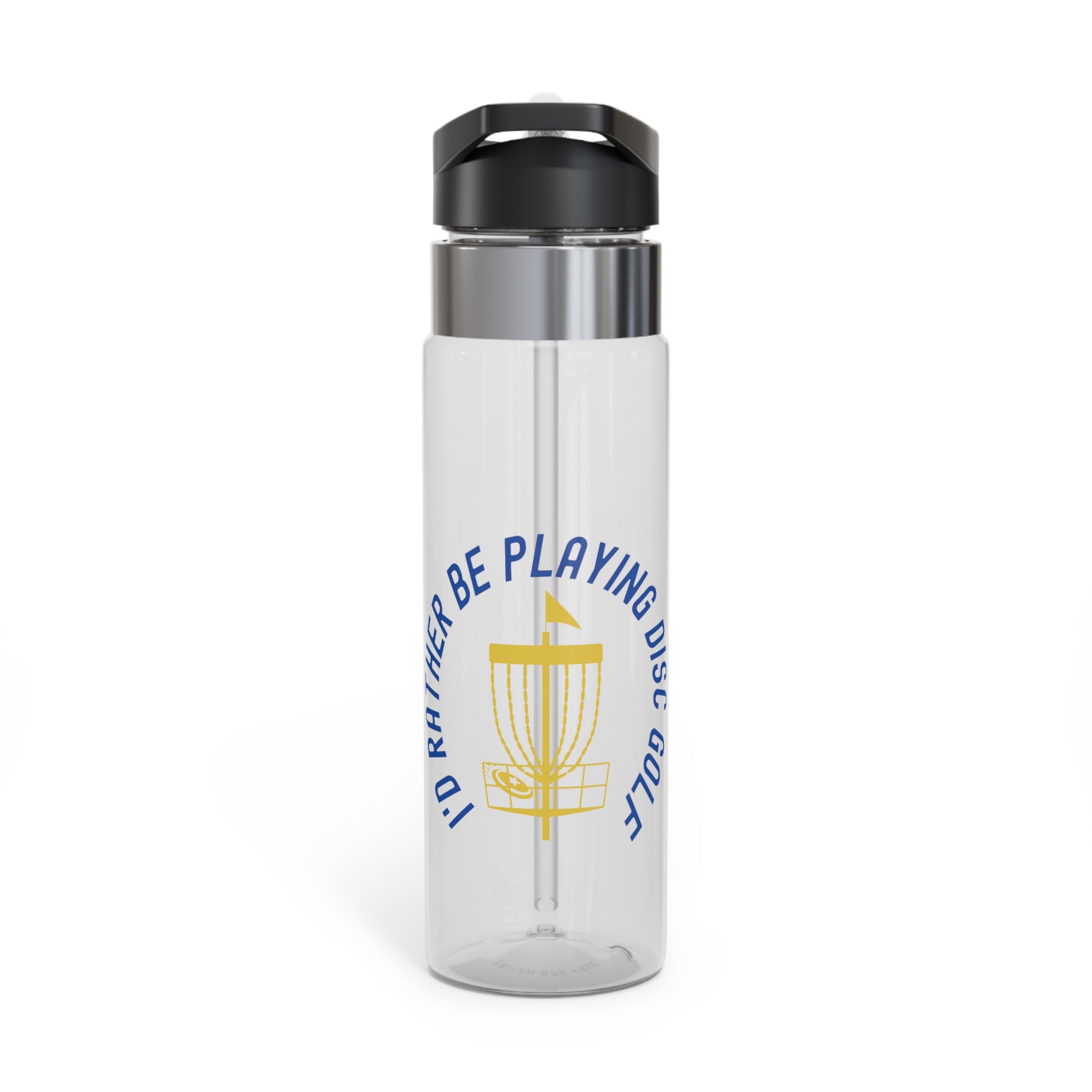 Clear water bottle with a straw with a graphic of disc golf chains, basket, and disc and text that says "I'd Rather Be Playing Disc Golf" against a white background