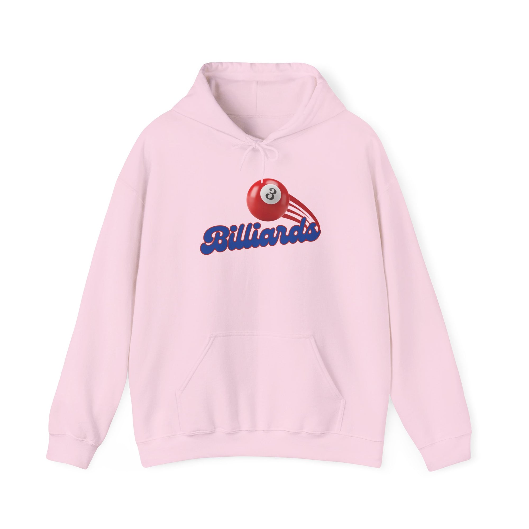 Pink hoodie with billiards ball and text that says "Billiards" against a white background