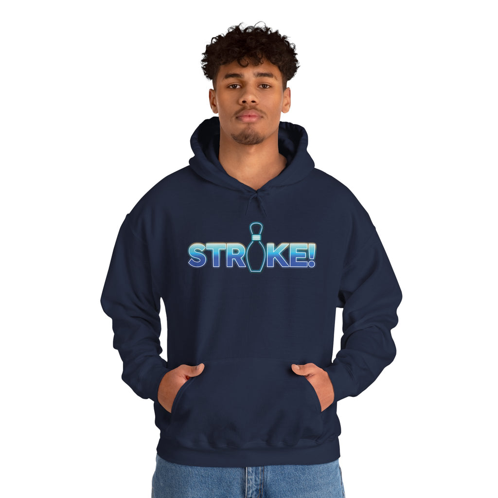 A man wearing a navy blue bowling hoodie with 'STRIKE!' with the "I" replaced by a bowling pin, on a white background 
