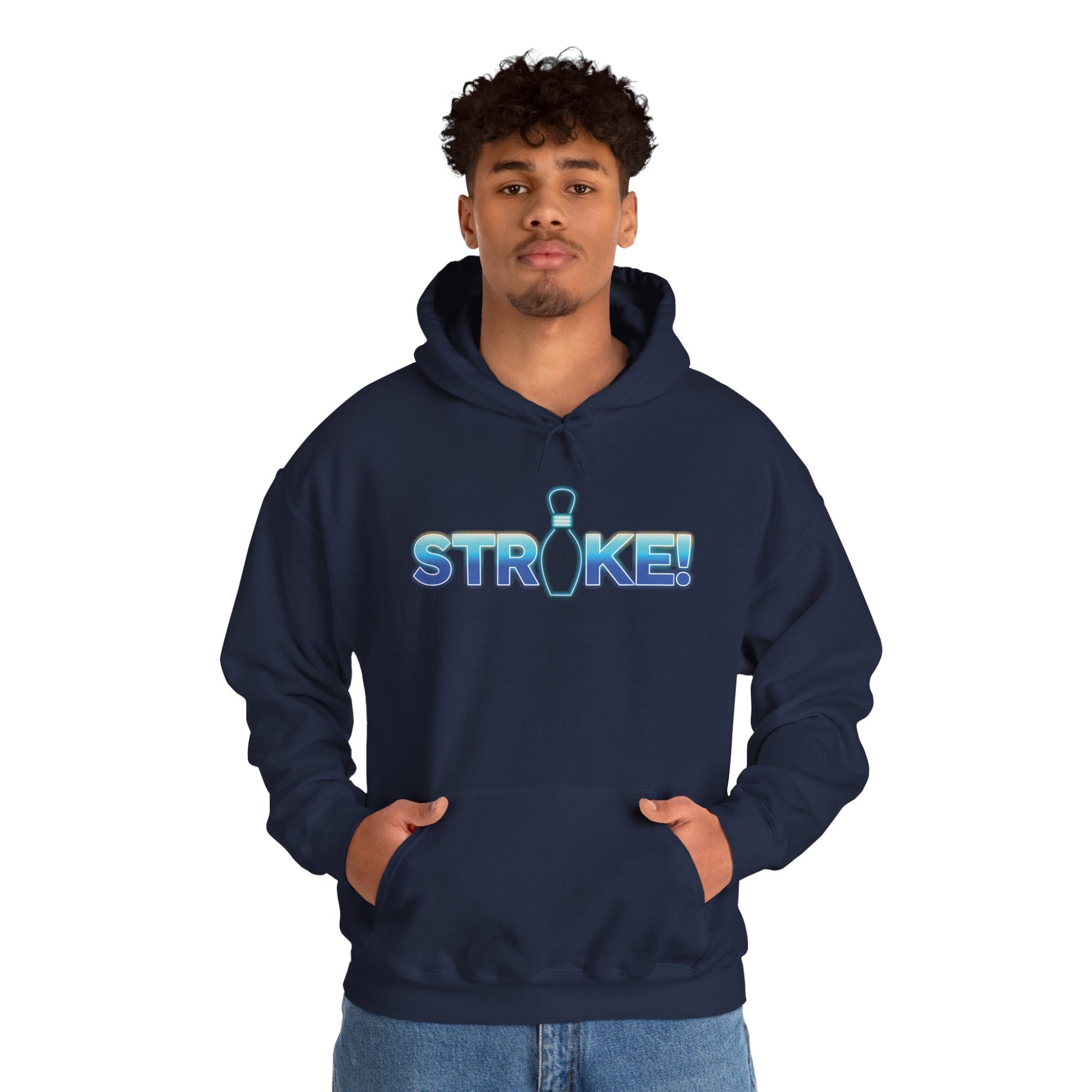 A man wearing a navy blue bowling hoodie with 'STRIKE!' with the "I" replaced by a bowling pin, on a white background 