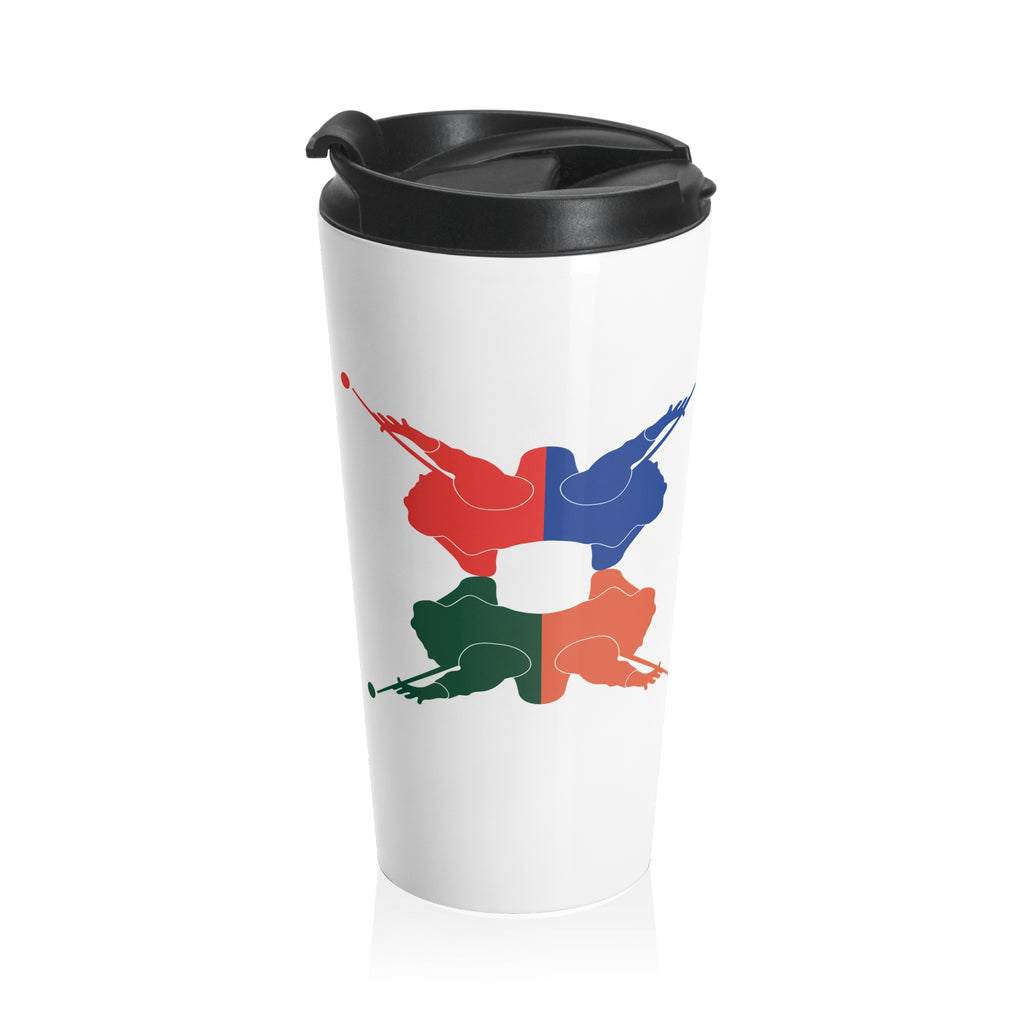 White travel mug with lid, with colorful graphic of 4 billiards player silhouettes in a pop art style, against a white background