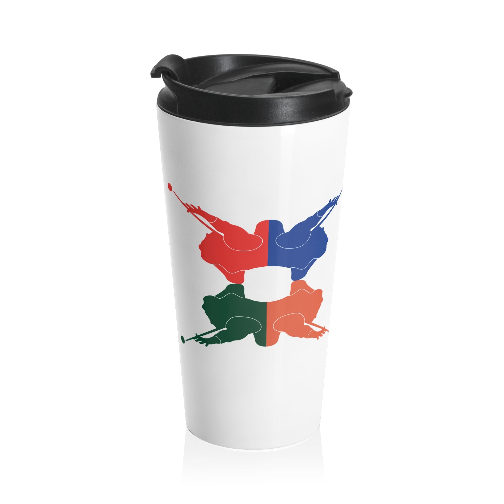White travel mug with lid, with colorful graphic of 4 billiards player silhouettes in a pop art style, against a white background