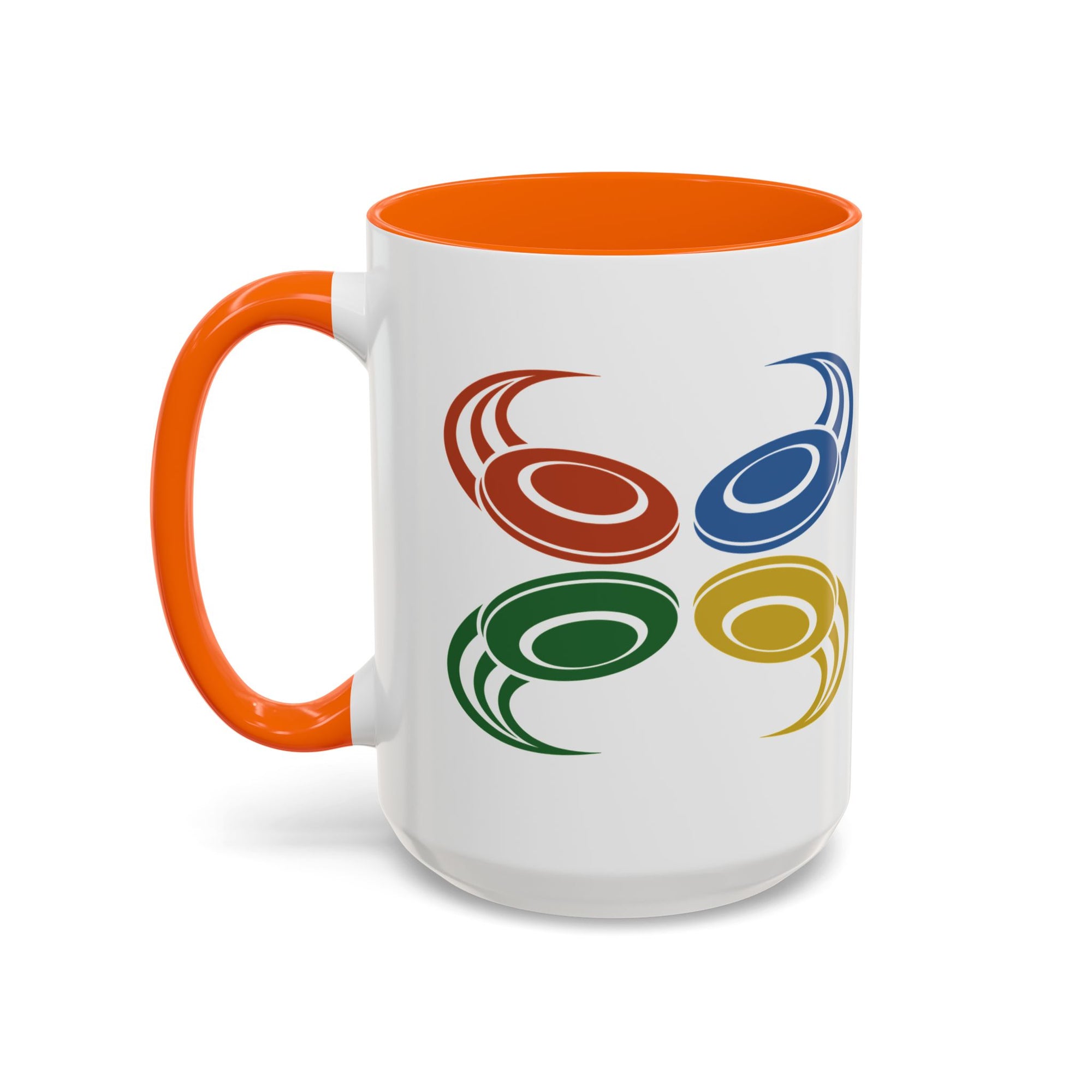 A ceramic mug with orange accents on the handle and interior, featuring a graphic of four colorful disc golf discs