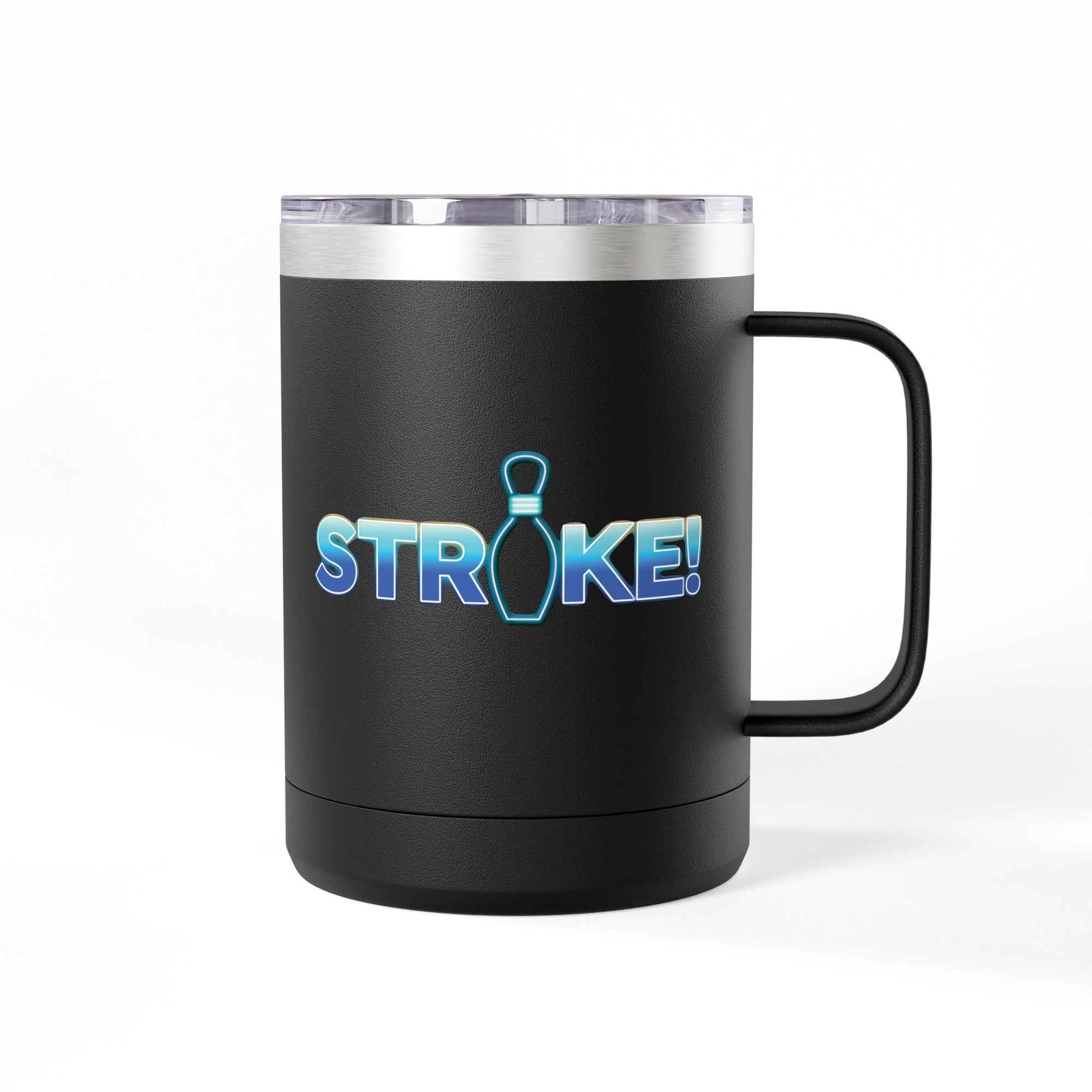 Black travel mug tumbler with a lid and handle, with 'STRIKE!' with the "I" replaced by a bowling pin, on a white background