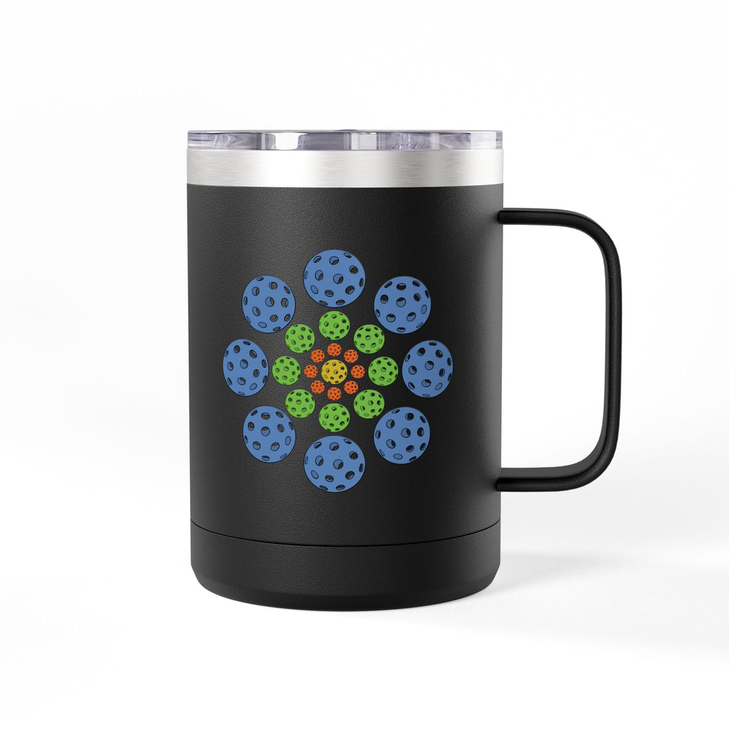 Black travel mug with lid and handle featuring a colorful geometric design of pickleballs against a white background
