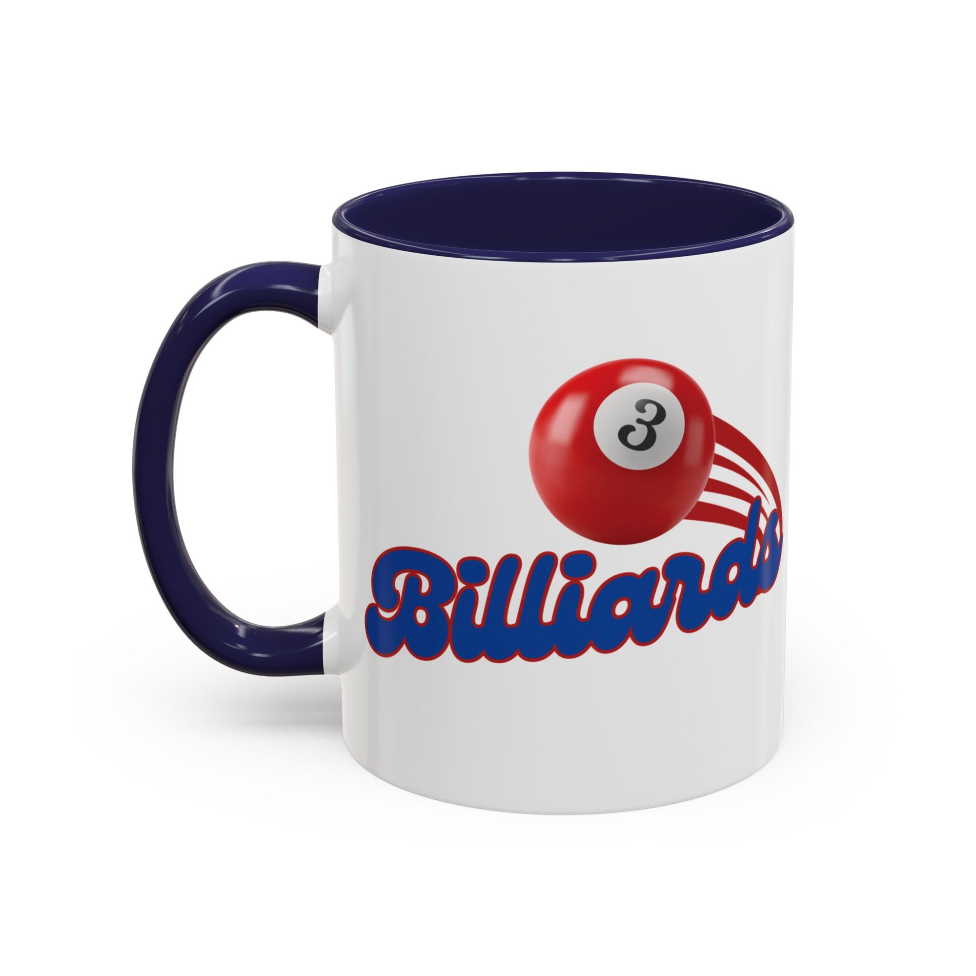 A white ceramic coffee mug with dark blue accents on the handle and interior, with billiards ball and text that says "Billiards" against a white background 
