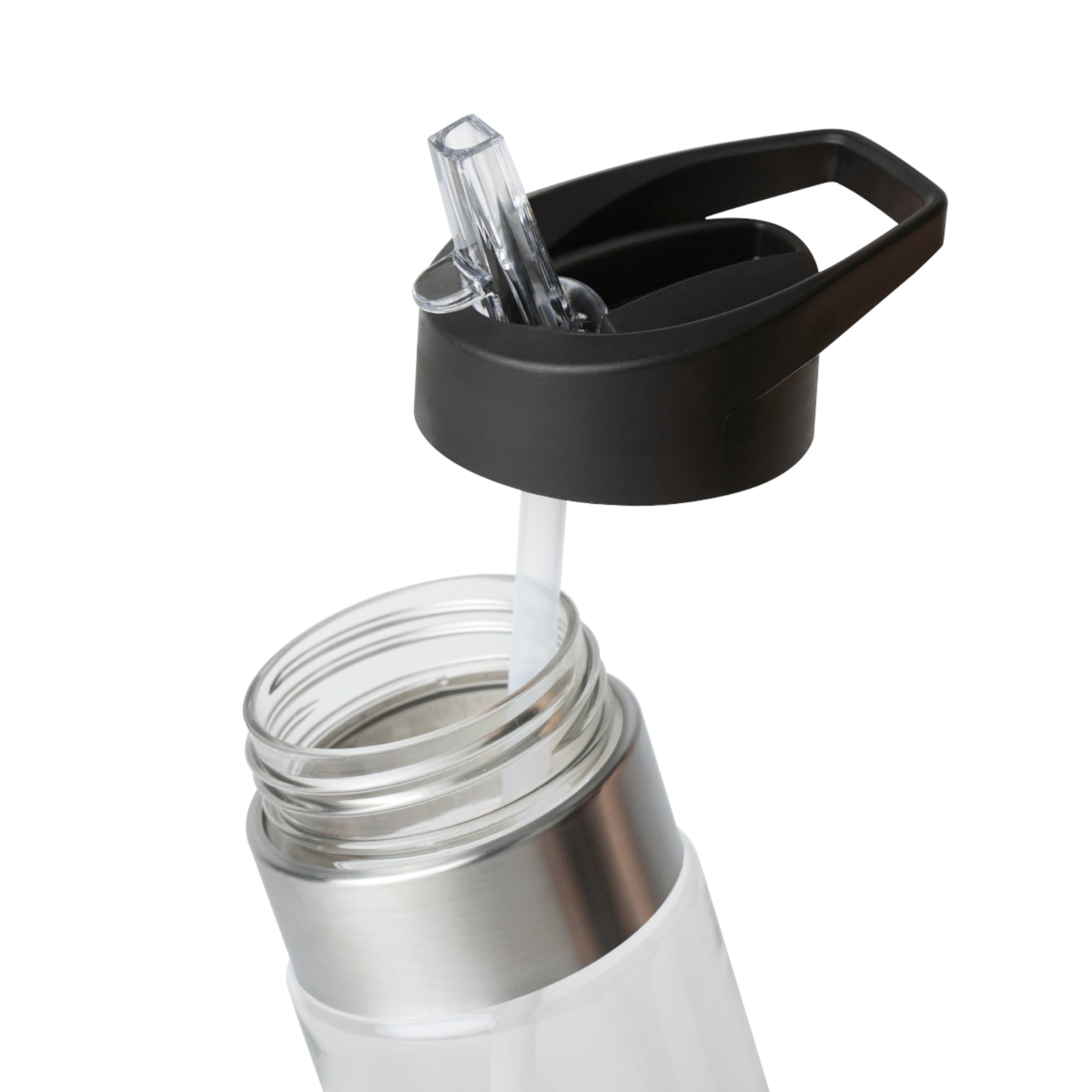 Close-up of a white water bottle with a black cap and straw on a white background