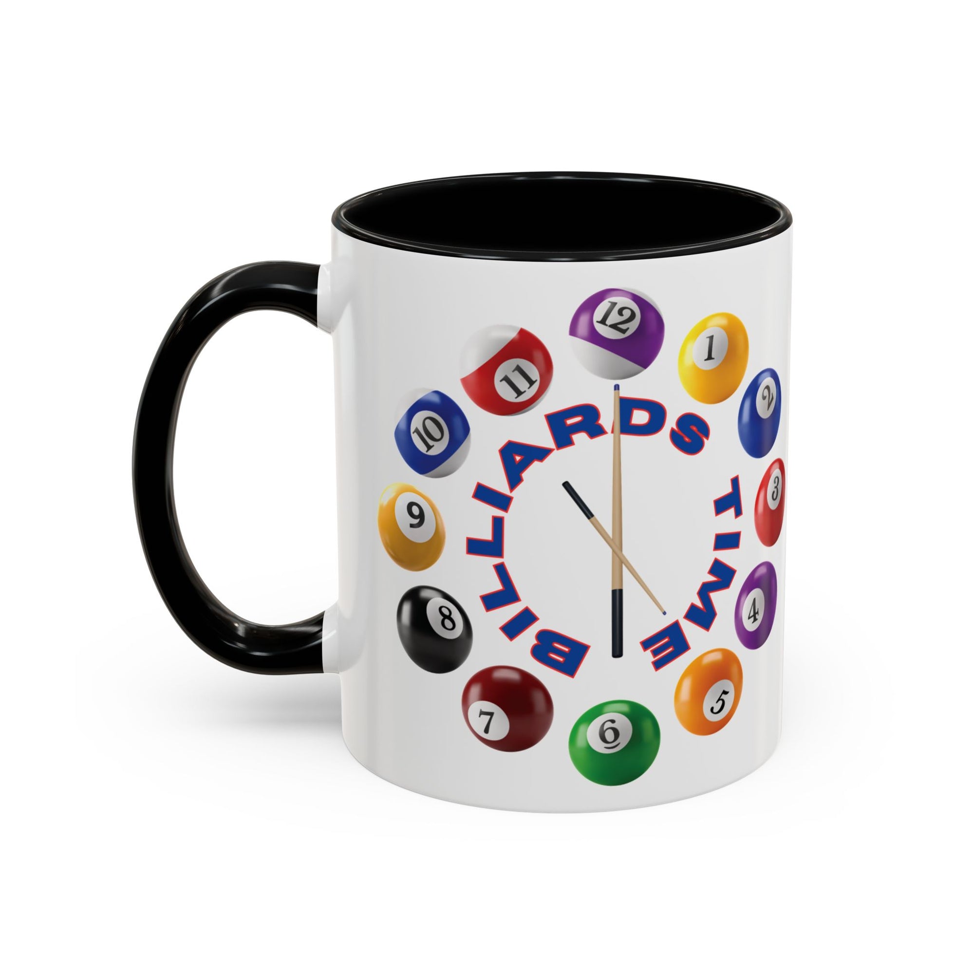 A white ceramic coffee mug with black accents on the handle and interior, with the text "Billiards Time" surrounded by a clock made up of colorful billiard balls and cue sticks, on a white background