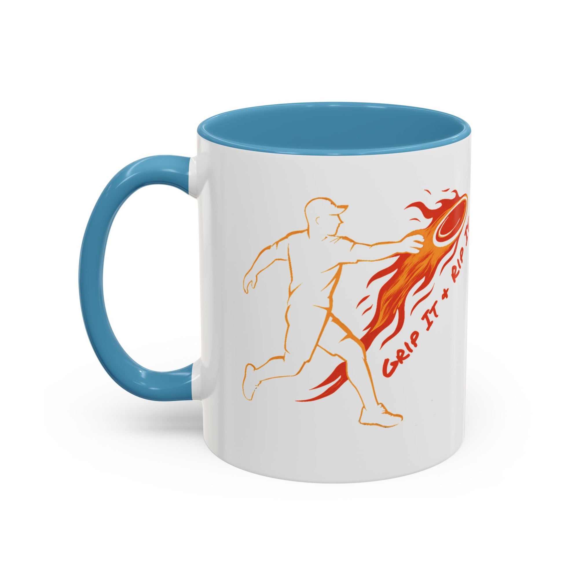 A ceramic coffee mug with light blue accents on the handle and interior, featuring a graphic design of a person throwing a disc golf disc with flames coming off the disc and text 'Grip It or Rip It' against a white background.