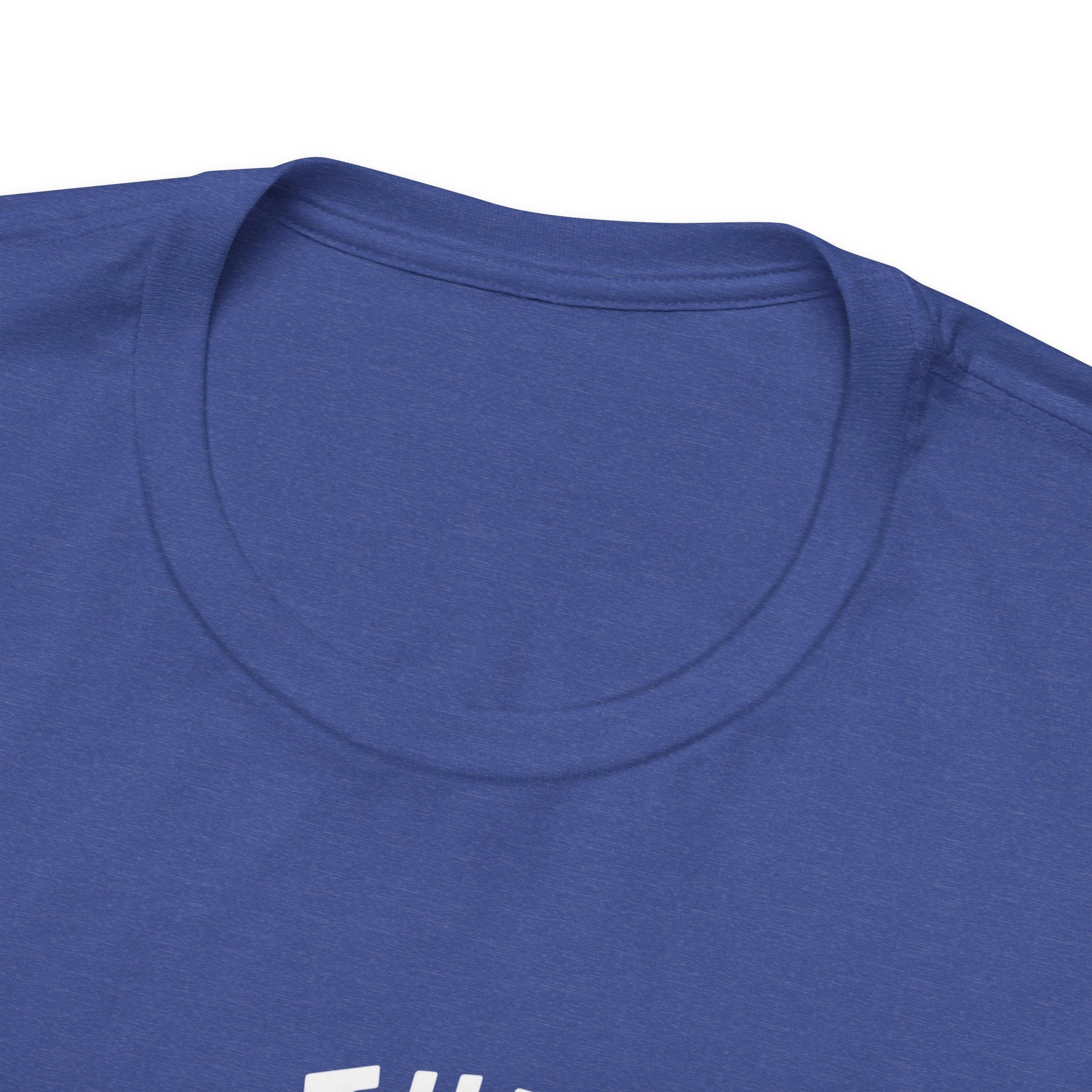 Close-up of a blue t-shirt with a brand logo on a white background