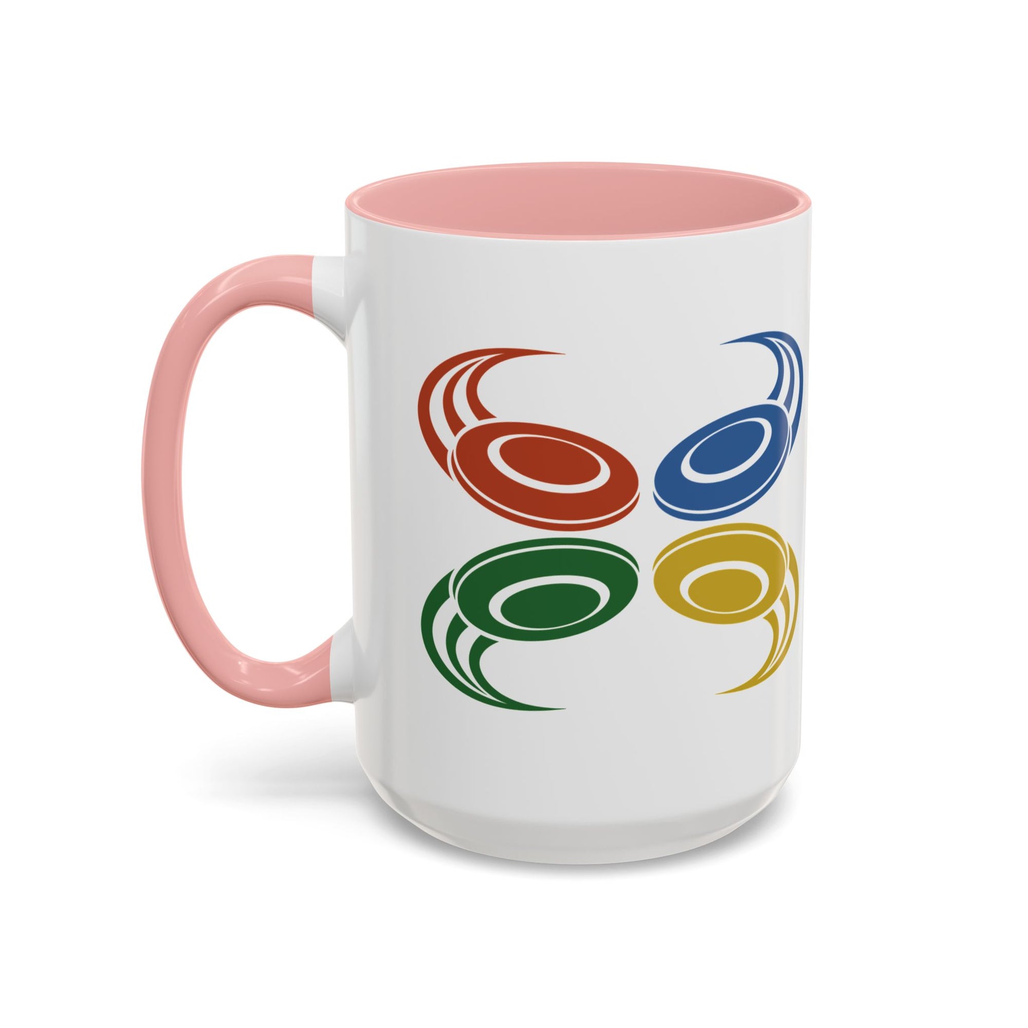 A ceramic mug with pink accents on the handle and interior, featuring a graphic of four colorful disc golf discs