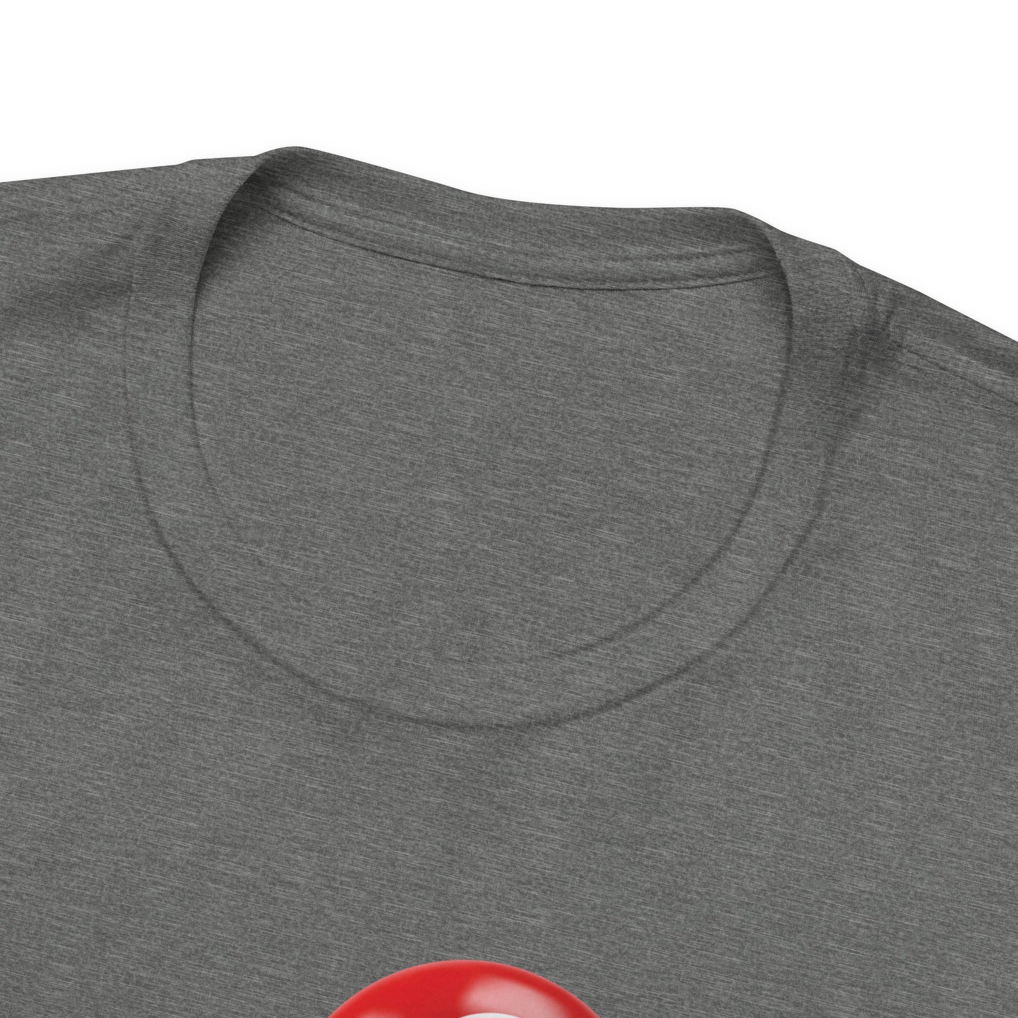 Close-up of the neckline of a gray t-shirt with billiards ball and text that says "Billiards" on a hanger against a white background