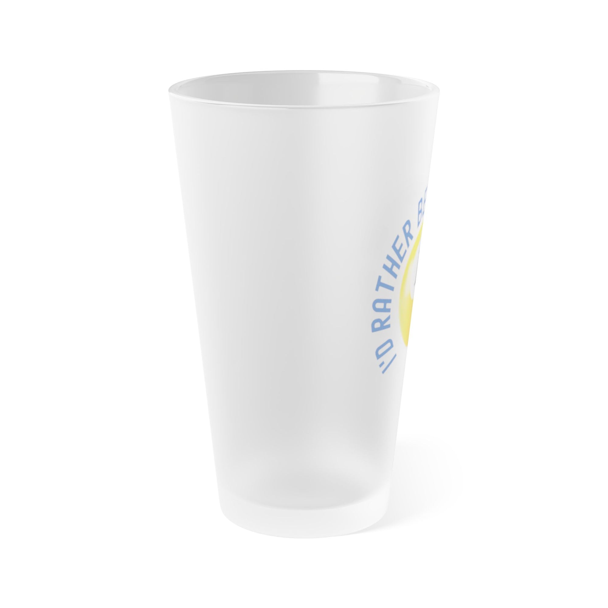 Side view of a frosted pint glass with pool ball design and text that says "I'd Rather Be Shooting Pool" on a white background