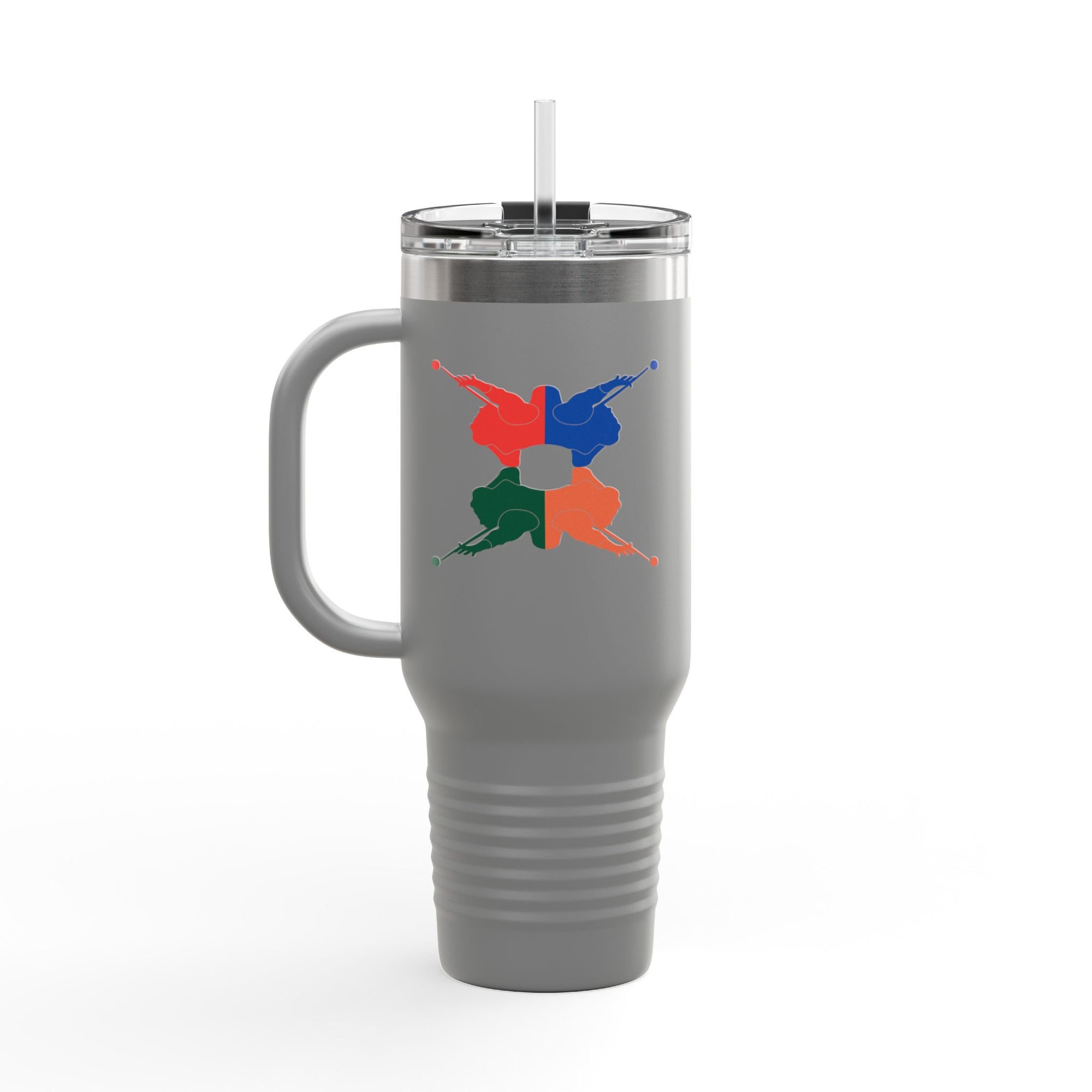 A gray 40oz travel mug with lid and straw, with colorful graphic of 4 billiards player silhouettes in a pop art style, against a white background