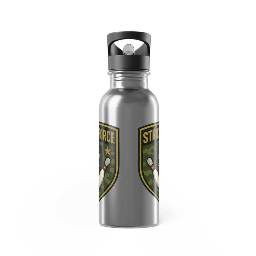 Stainless steel water bottle with black lid, with bowling 'Strike Force' military-style patch on a white background