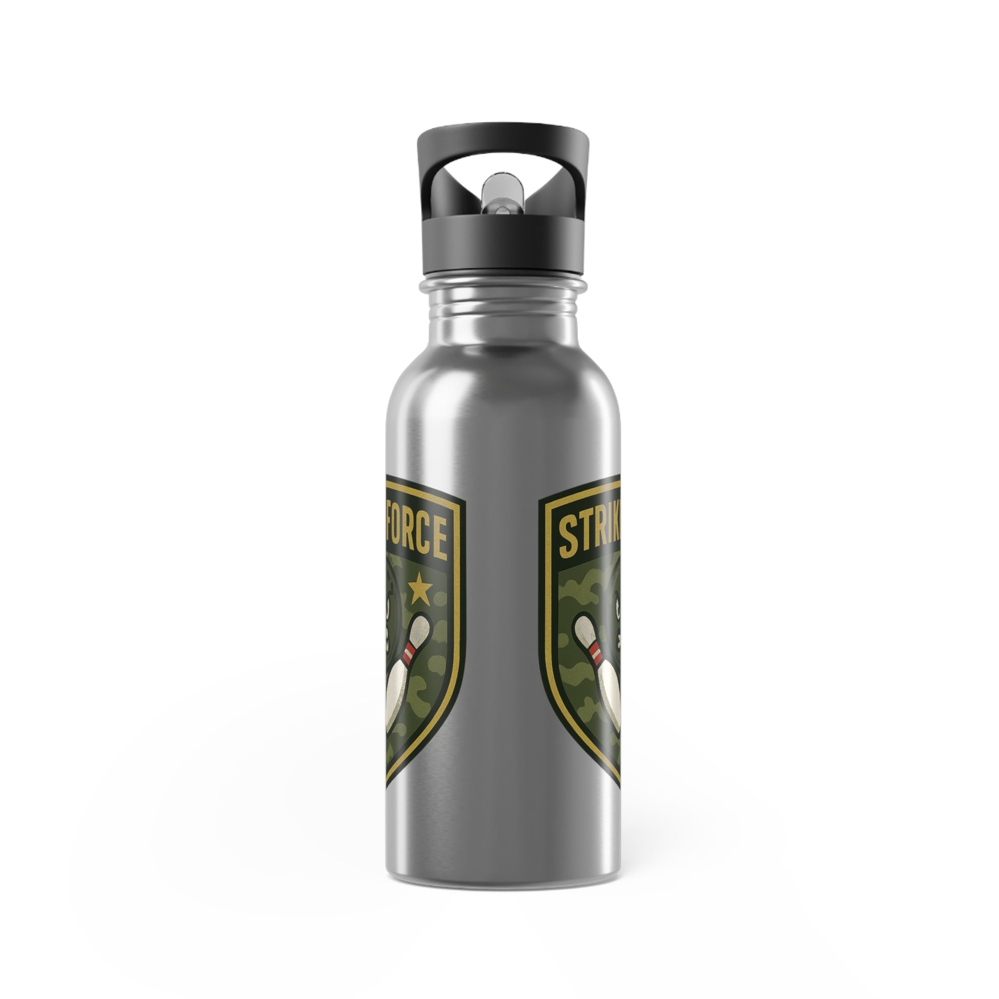 Stainless steel water bottle with black lid, with bowling 'Strike Force' military-style patch on a white background