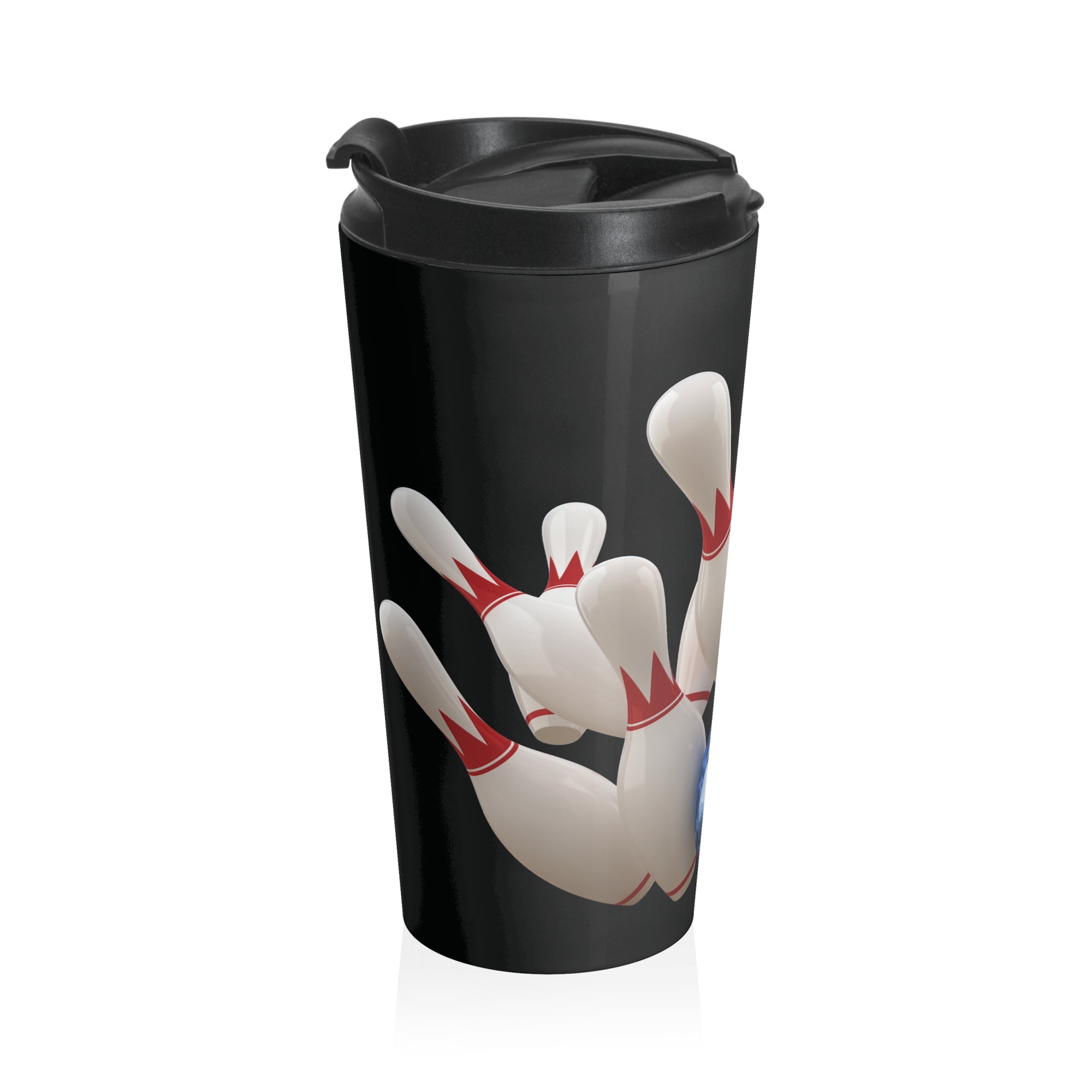 Black travel mug with a lid, with a graphic of a blue bowling ball knocking over bowling pins, on a white background