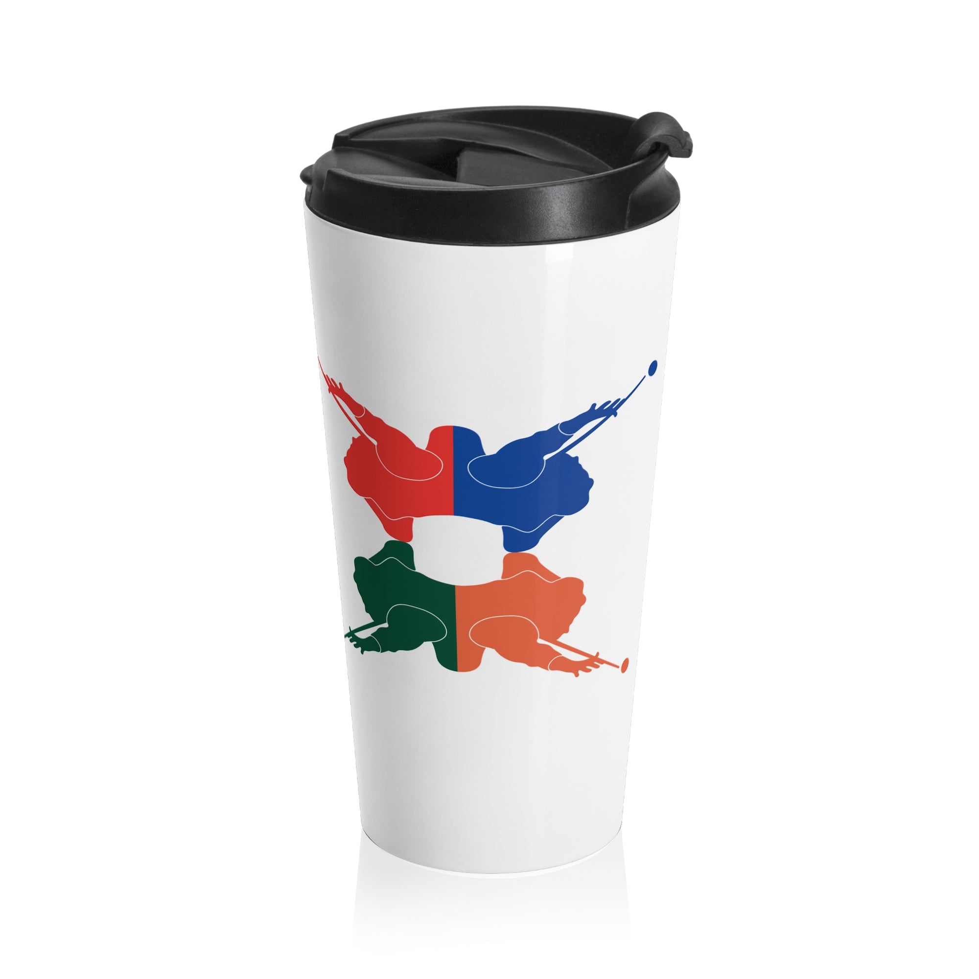 White travel mug with lid, with colorful graphic of 4 billiards player silhouettes in a pop art style, against a white background