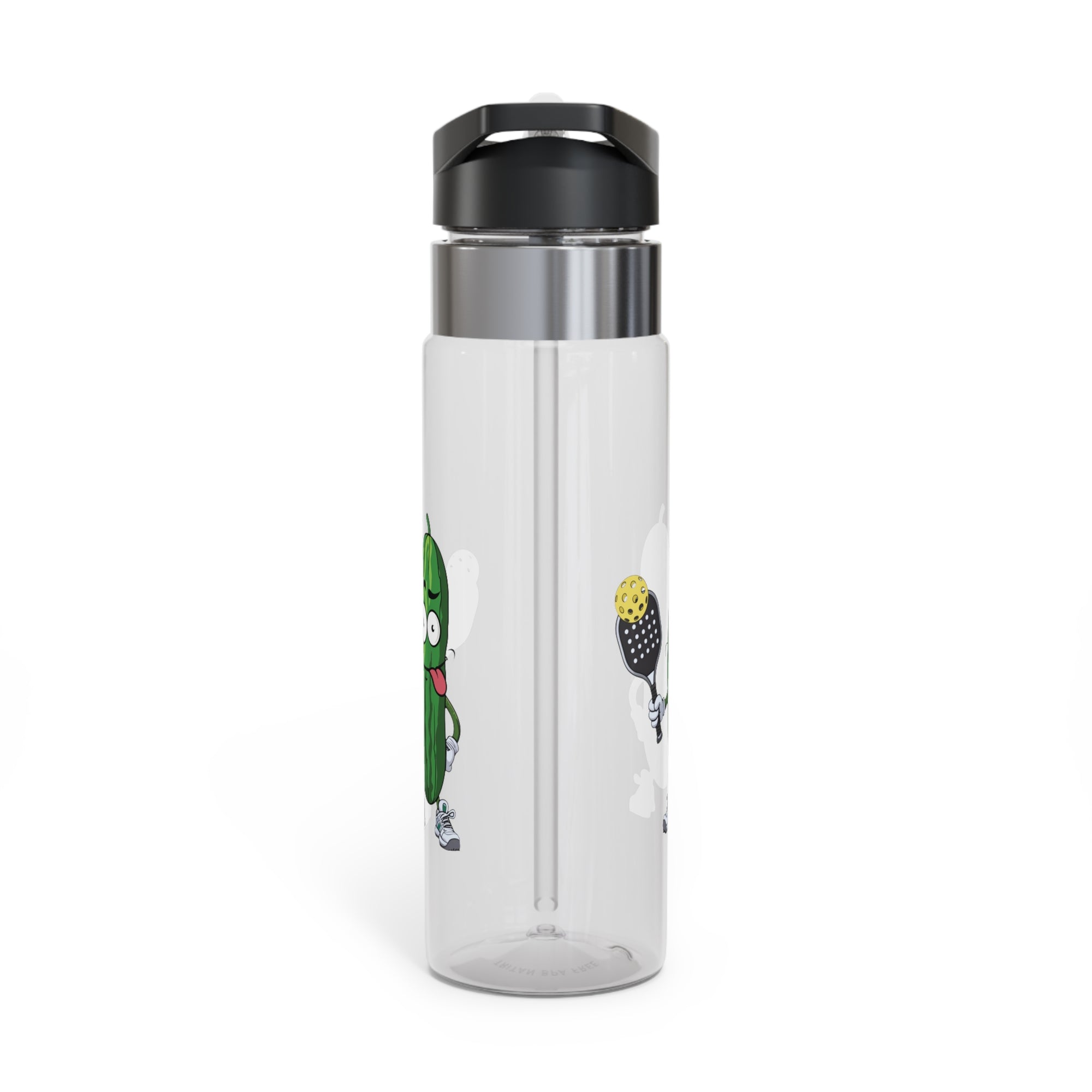 A clear water bottle with lid featuring a cartoon pickle with googly eyes and his tongue sticking out, holding a pickleball paddle with a yellow pickleball, against a white background