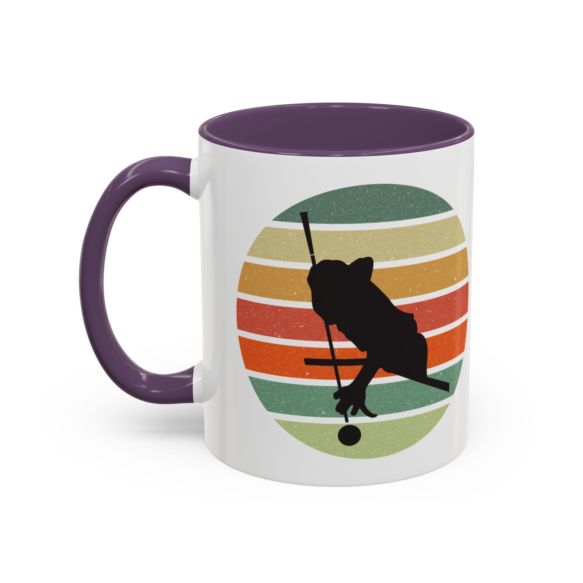 Mug with purple accents and a graphic of a billiards player silhouette over a colorful retro design on a white background.