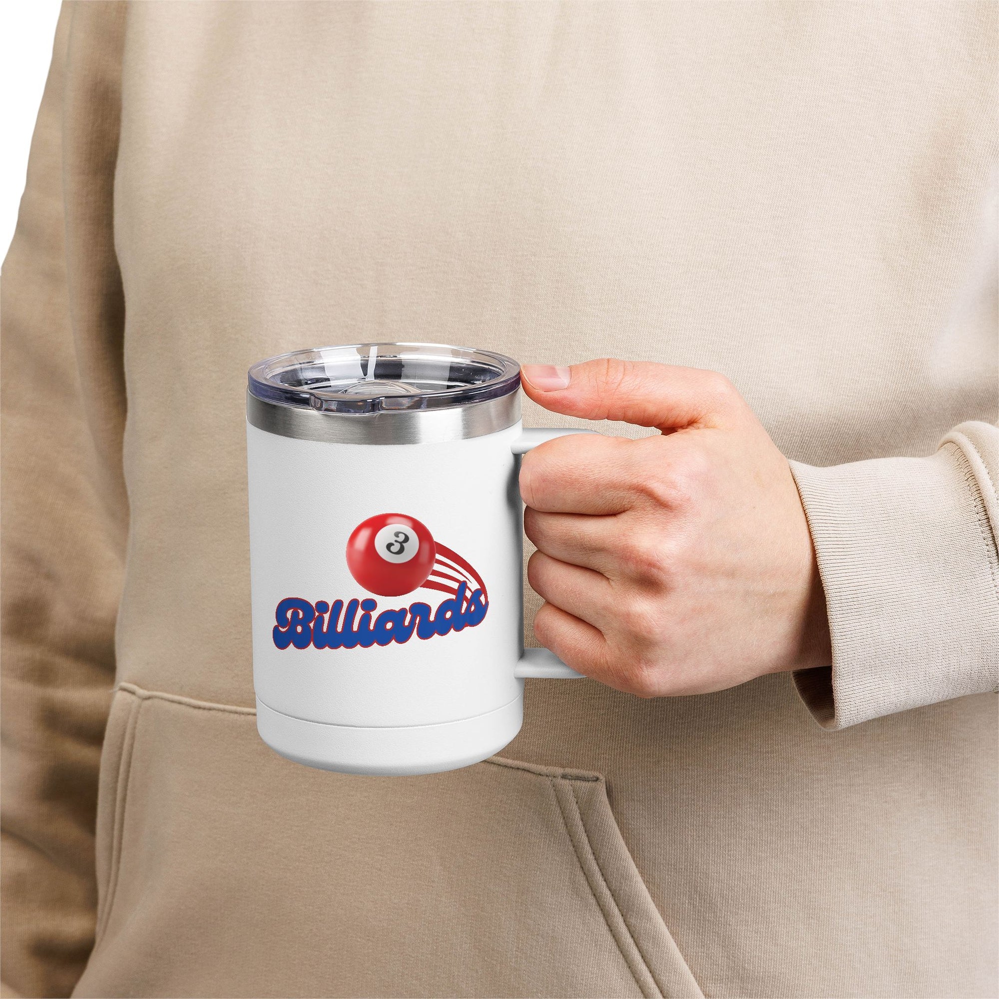 A person holding a white travel coffee mug tumbler with billiards ball and text that says "Billiards" against a white background