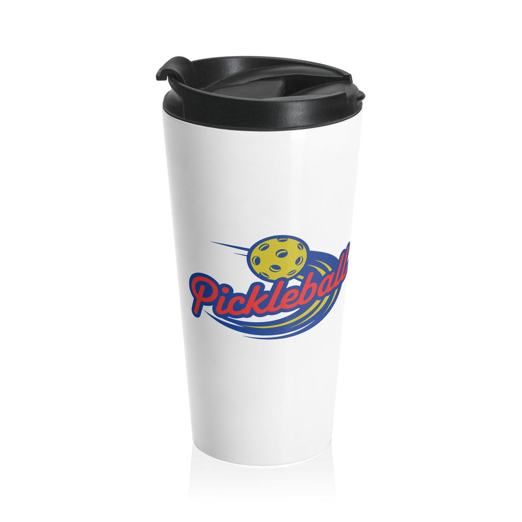 A white travel coffee mug and lid with a classic pickleball logo featuring the word pickleball and a yellow pickleball with motion lines, against a white background