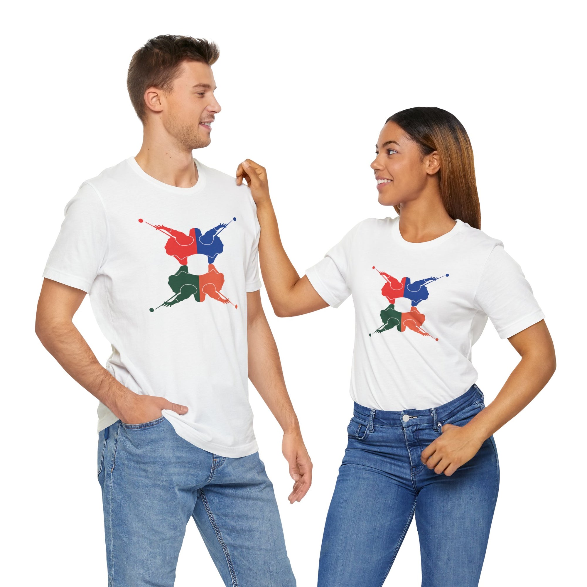 A man and a woman both wearing a white t-shirt with colorful graphic of 4 billiards player silhouettes in a pop art style, against a white background