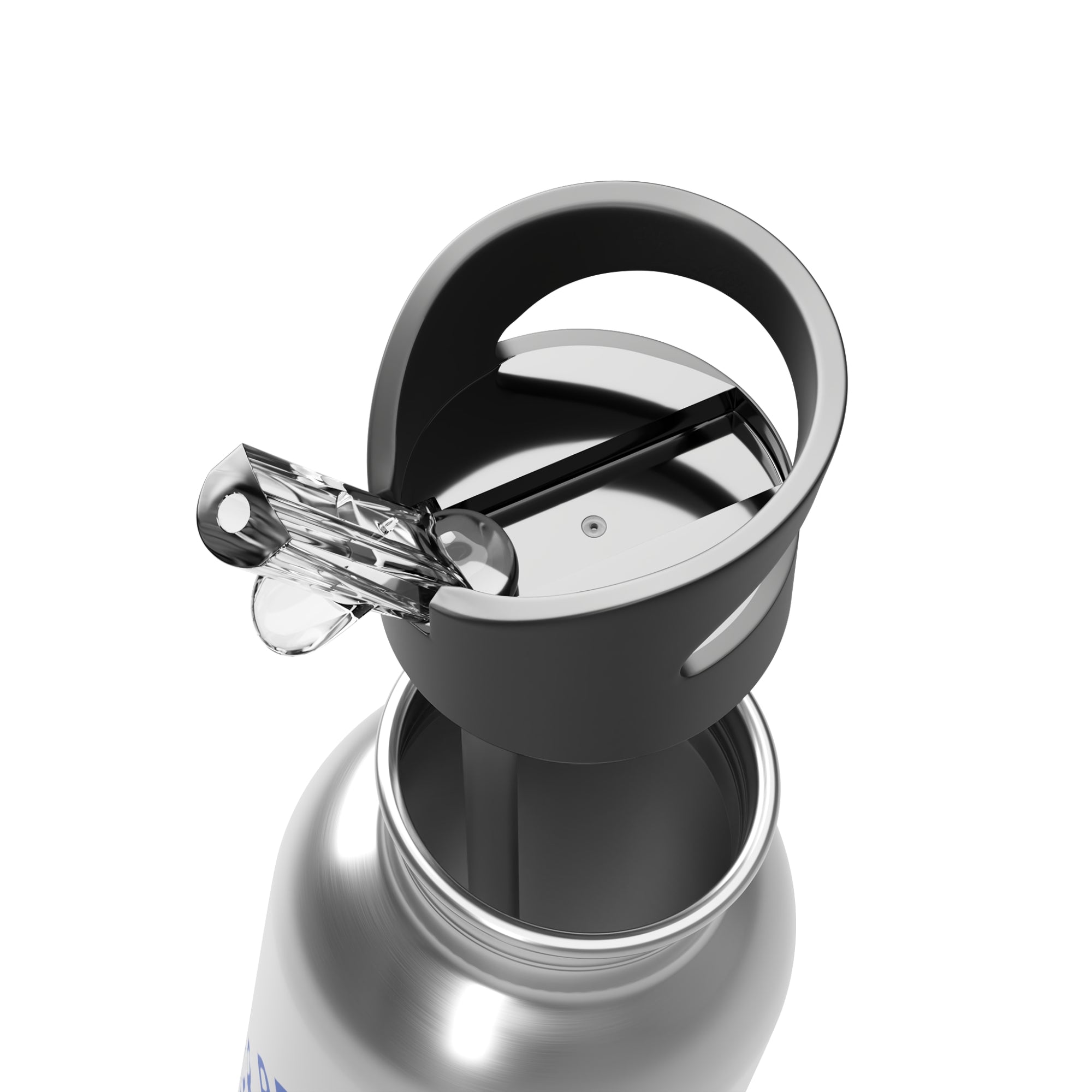 Close-up of a silver water bottle with a black cap on a white background