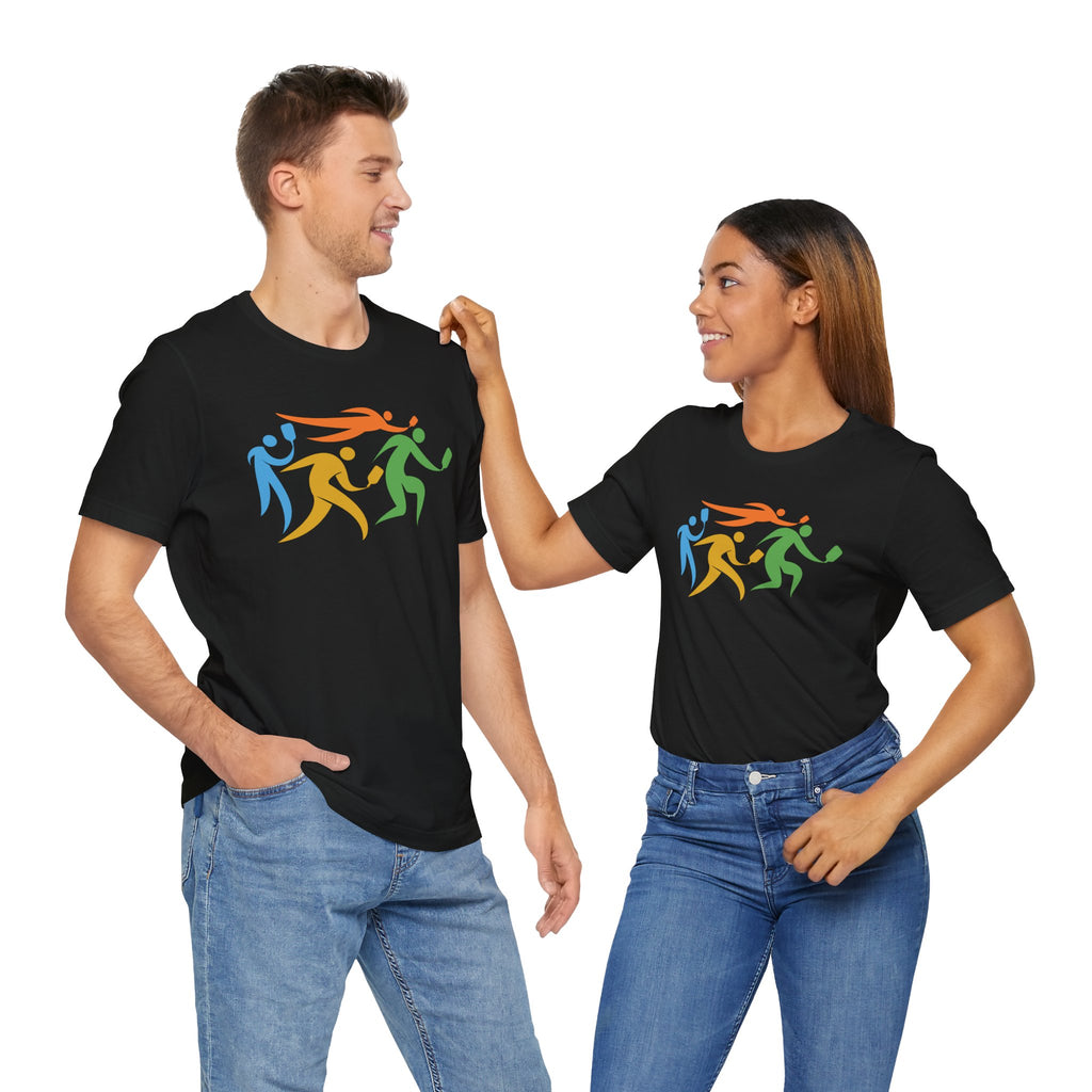 A man and a woman each wearing a black t-shirt featuring an image of four colorful pickleball player drawings playing pickleball, on a hanger against a white background