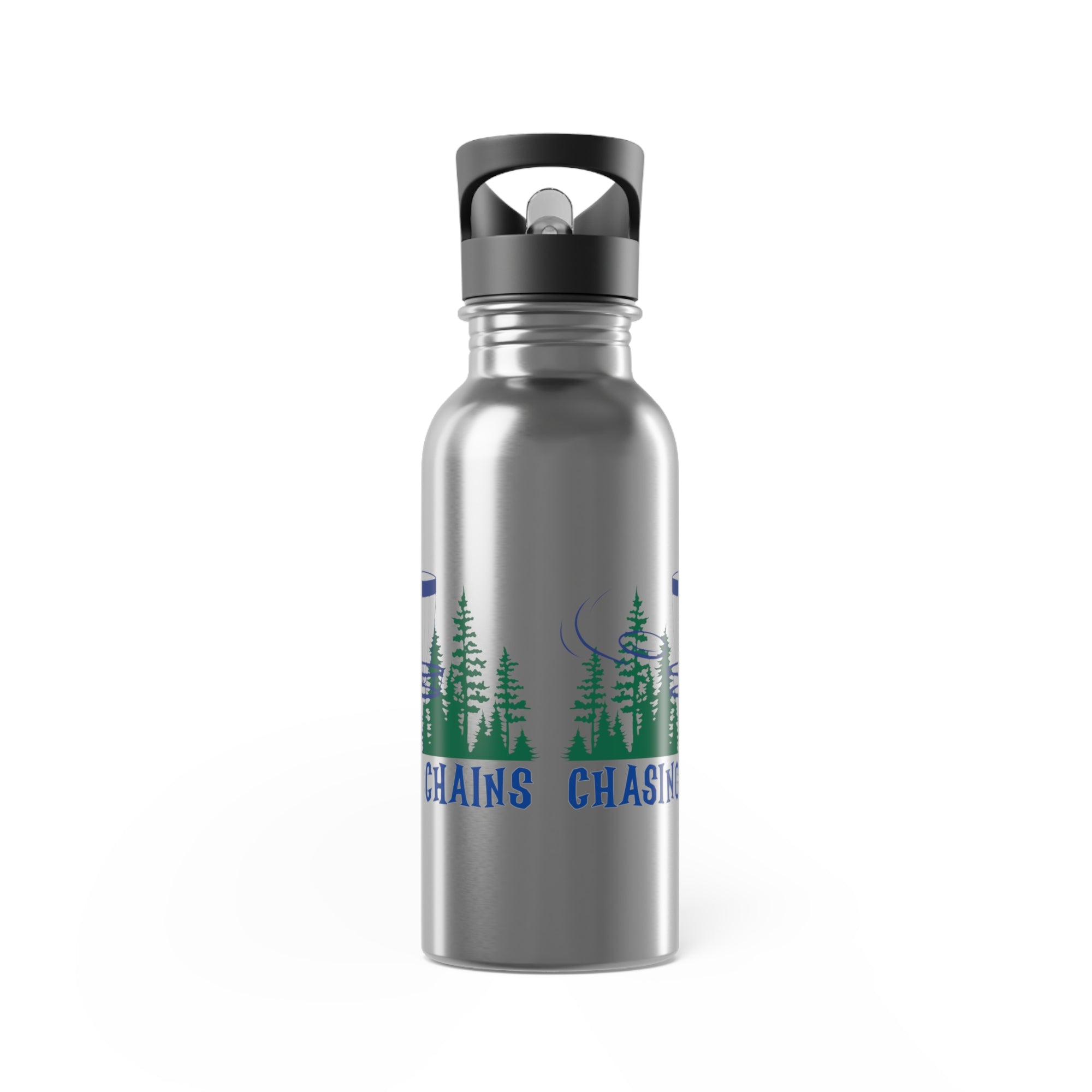 A stainless steel water bottle with lid, with 'Chasing Chains' graphic featuring a flying disc golf disc and basket and chains in front of a scenic evergreen tree landscape, against a white background