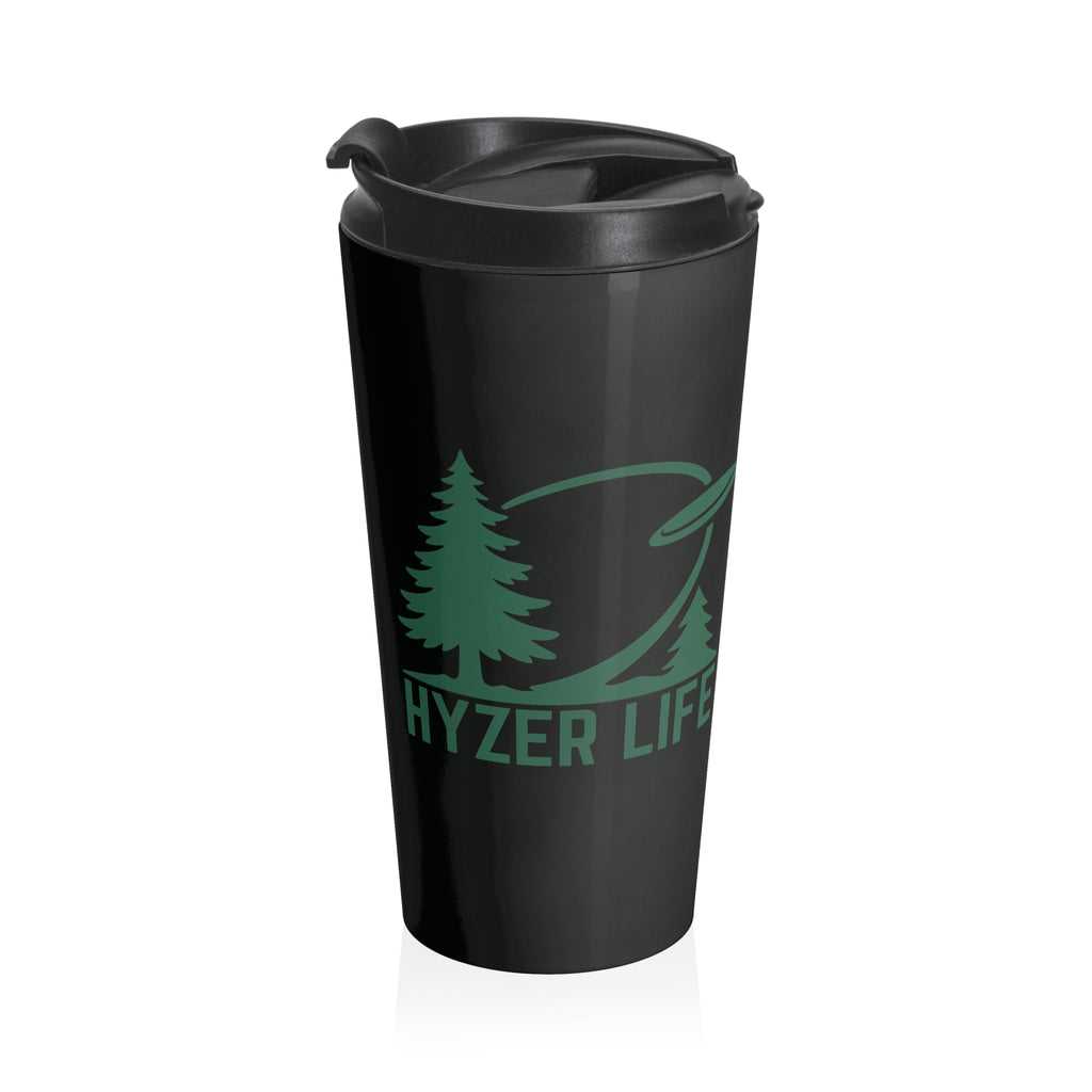 Black stainless steel travel mug with lid with green graphic of trees and a disc golf flying with the words 'HYZER LIFE' below the image on a white background.