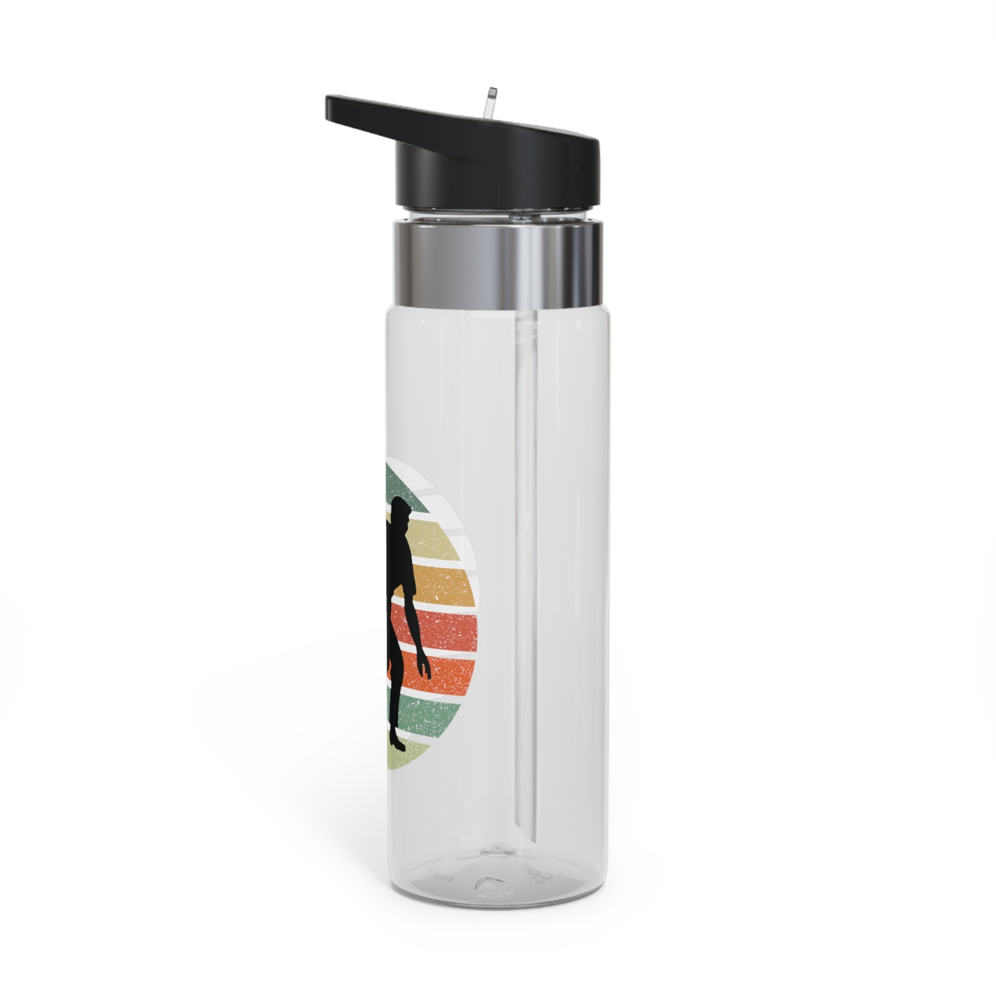 Side view of a clear water bottle with a black lid featuring a silhouette of a bowler over an colorful retro image, on a white background.