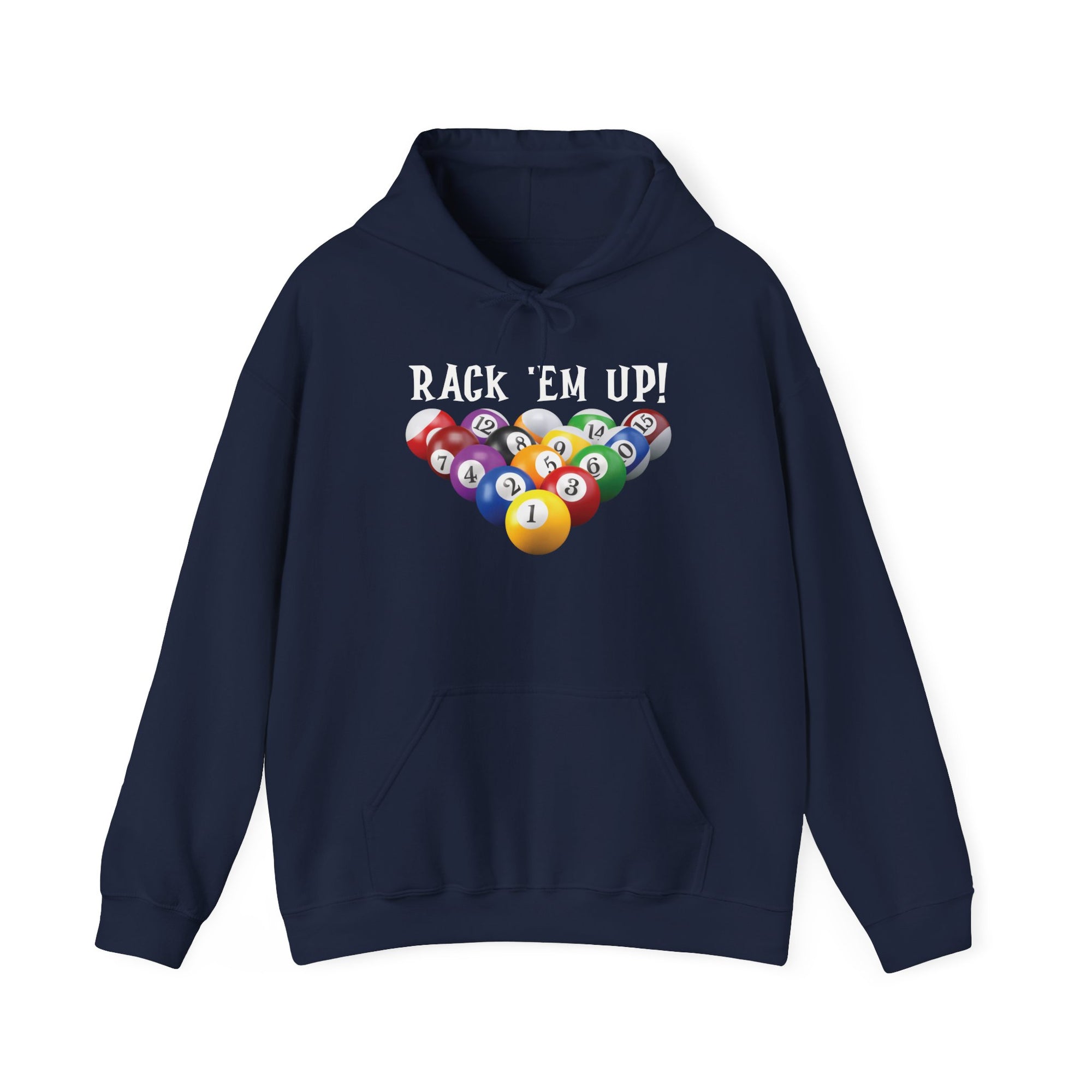 Navy blue hoodie with racked pool ball design and 'Rack 'Em Up!' text, against a white background