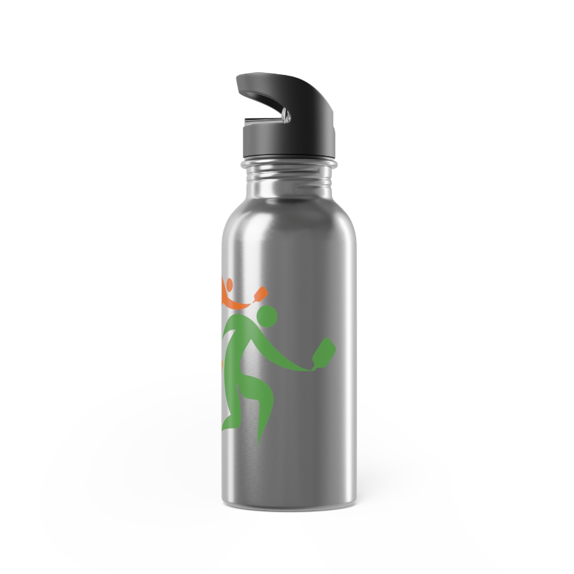 A stainless steel water bottle with lid,  featuring an image of four colorful pickleball player drawings playing pickleball against a white background