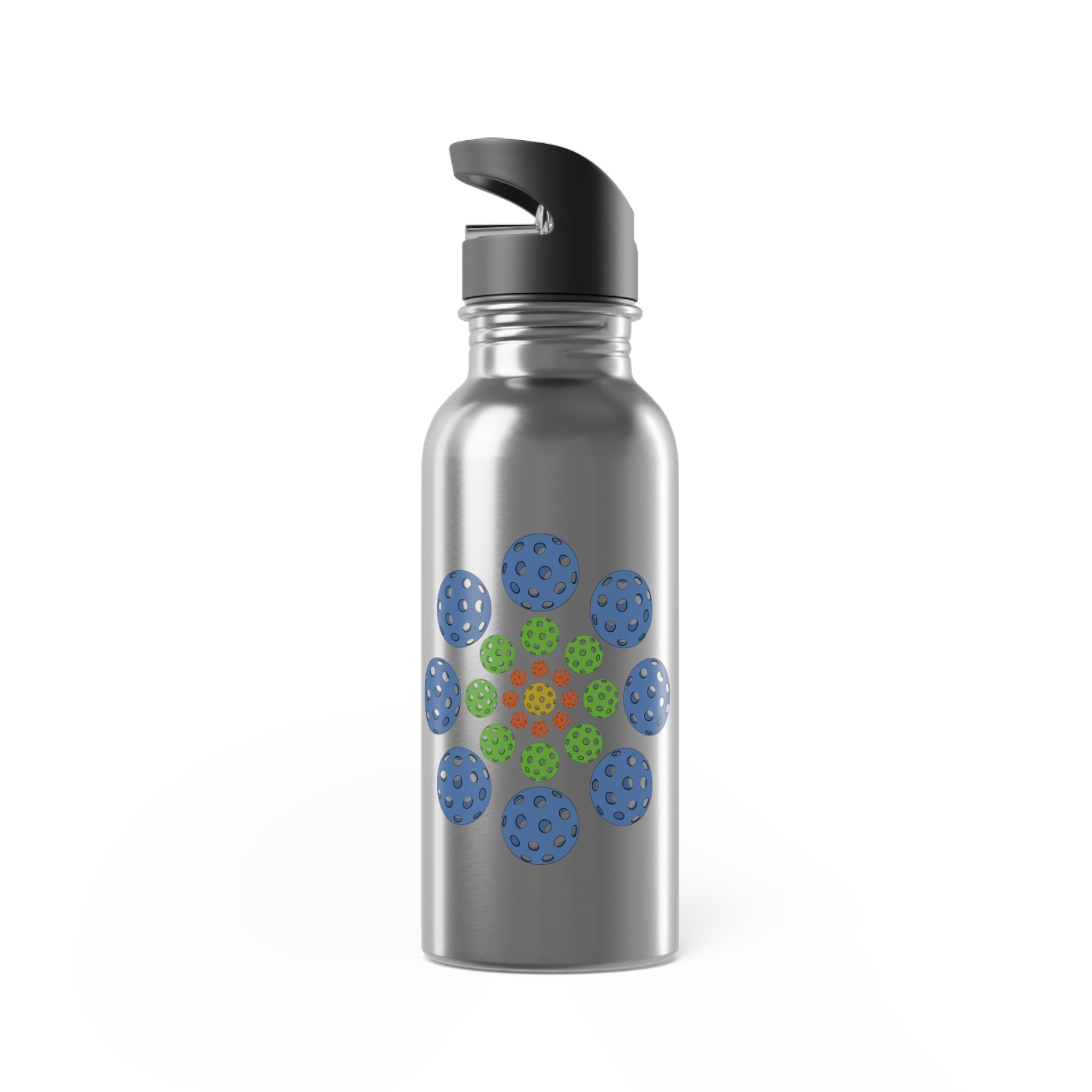 Stainless steel water bottle with lid featuring a colorful geometric design of pickleballs against a white background