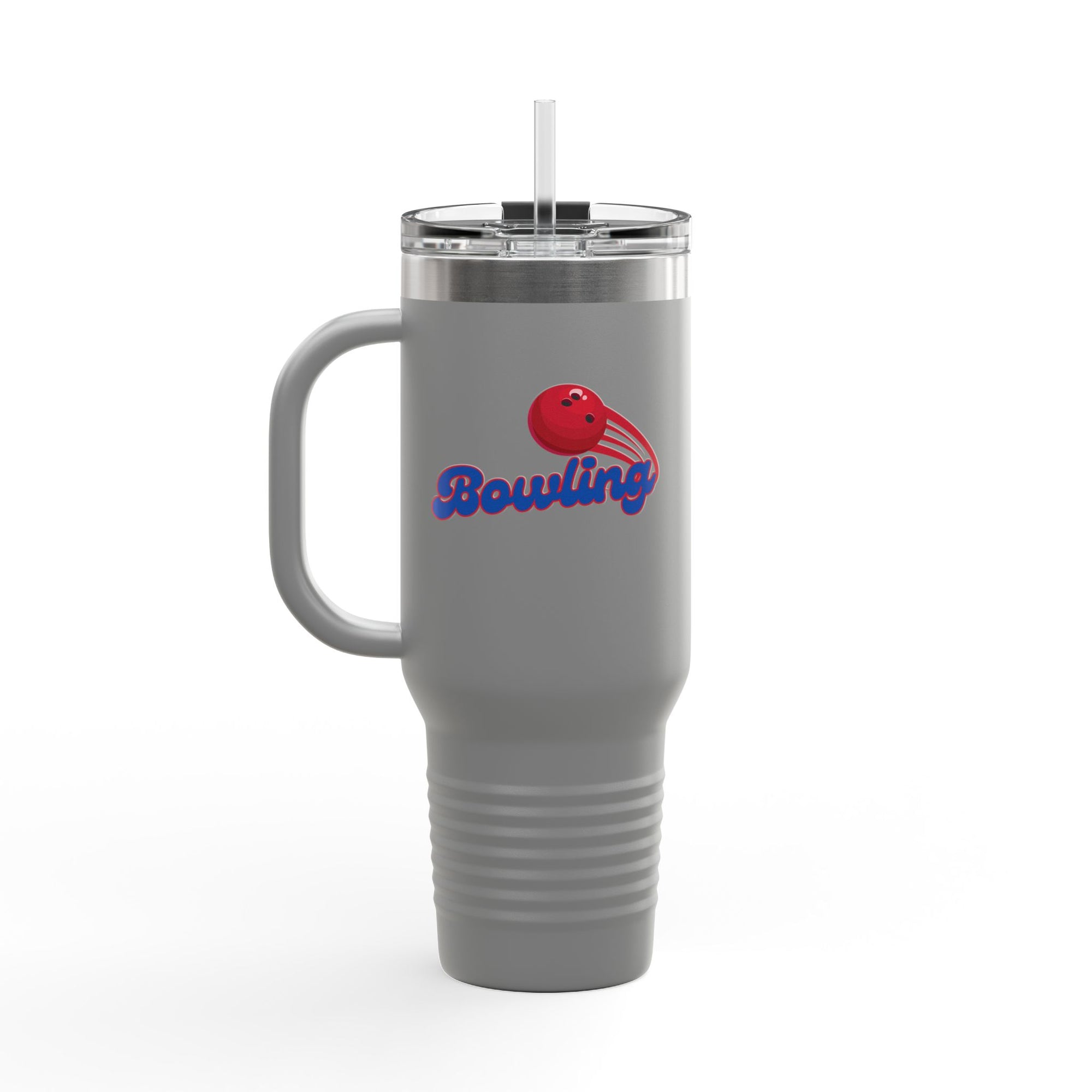 A gray 40oz tumbler with handle, lid, and straw, with a red bowling ball graphic and 'Bowling' text on a white background