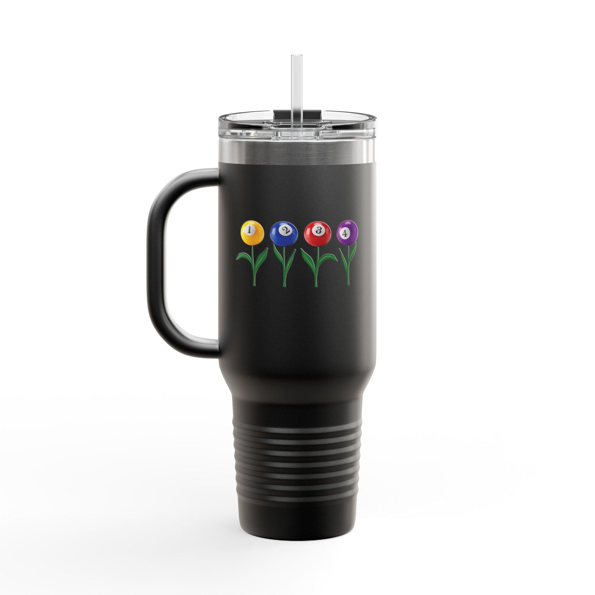 A black 40oz travel tumbler with lid and straw, with four colorful flowers made out of billiards balls with green stems, on a white background