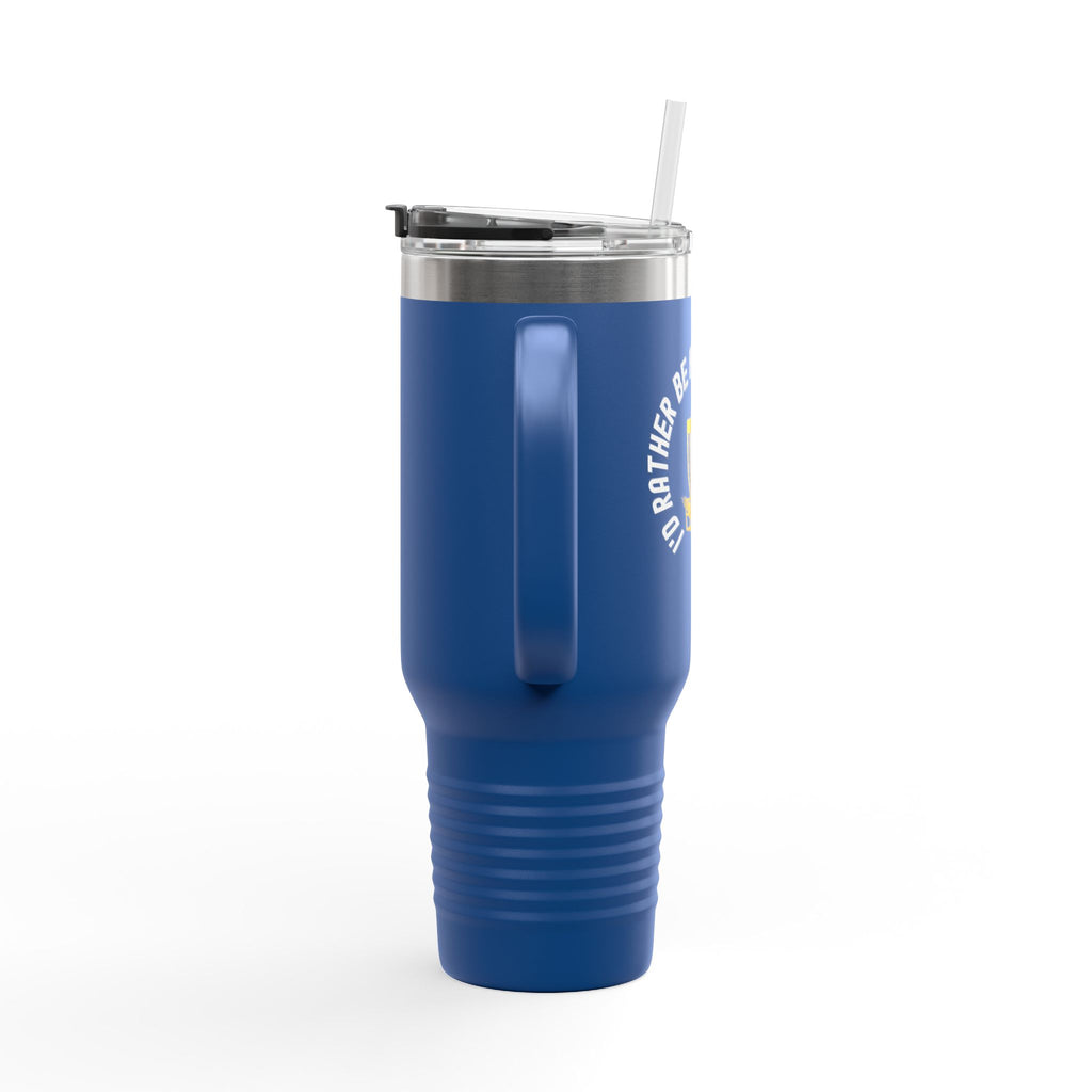 Side view of a blue 40oz tumbler with a lid and straw with a graphic of disc golf chains, basket, and disc and text that says "I'd Rather Be Playing Disc Golf" on a white background.
