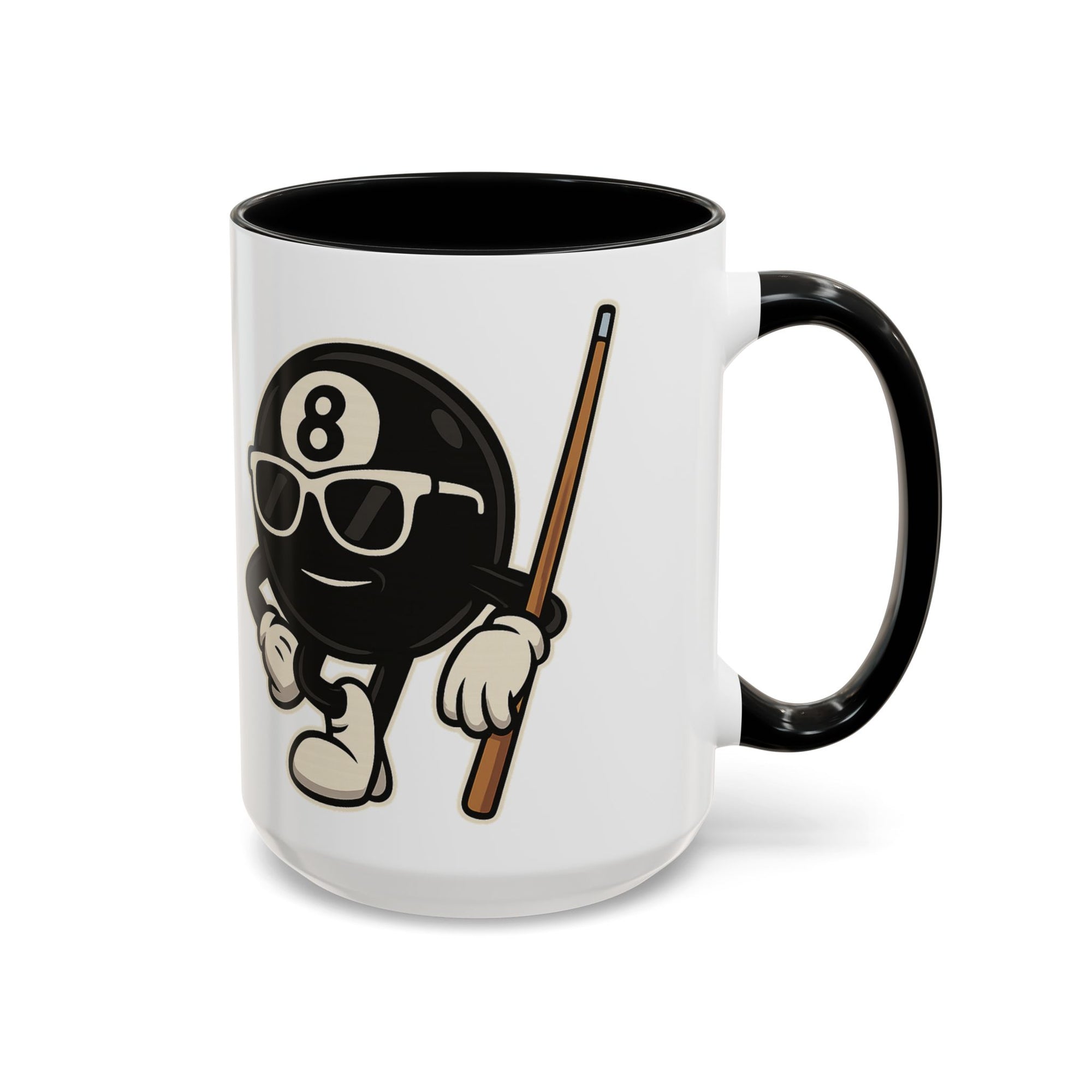A white ceramic coffee mug with black accents on the handle and interior, with a graphic of a cartoon billiards 8 ball with arms and legs and wearing sunglasses and leaning on a cue stick, on a white background