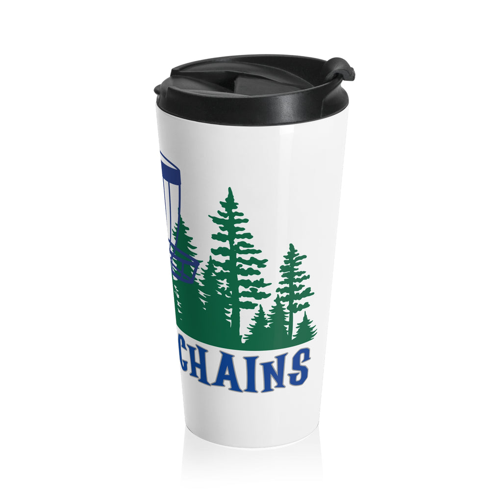 A travel tumbler mug with lid with 'Chasing Chains' graphic featuring a flying disc golf disc and basket and chains in front of a scenic evergreen tree landscape, against a white background
