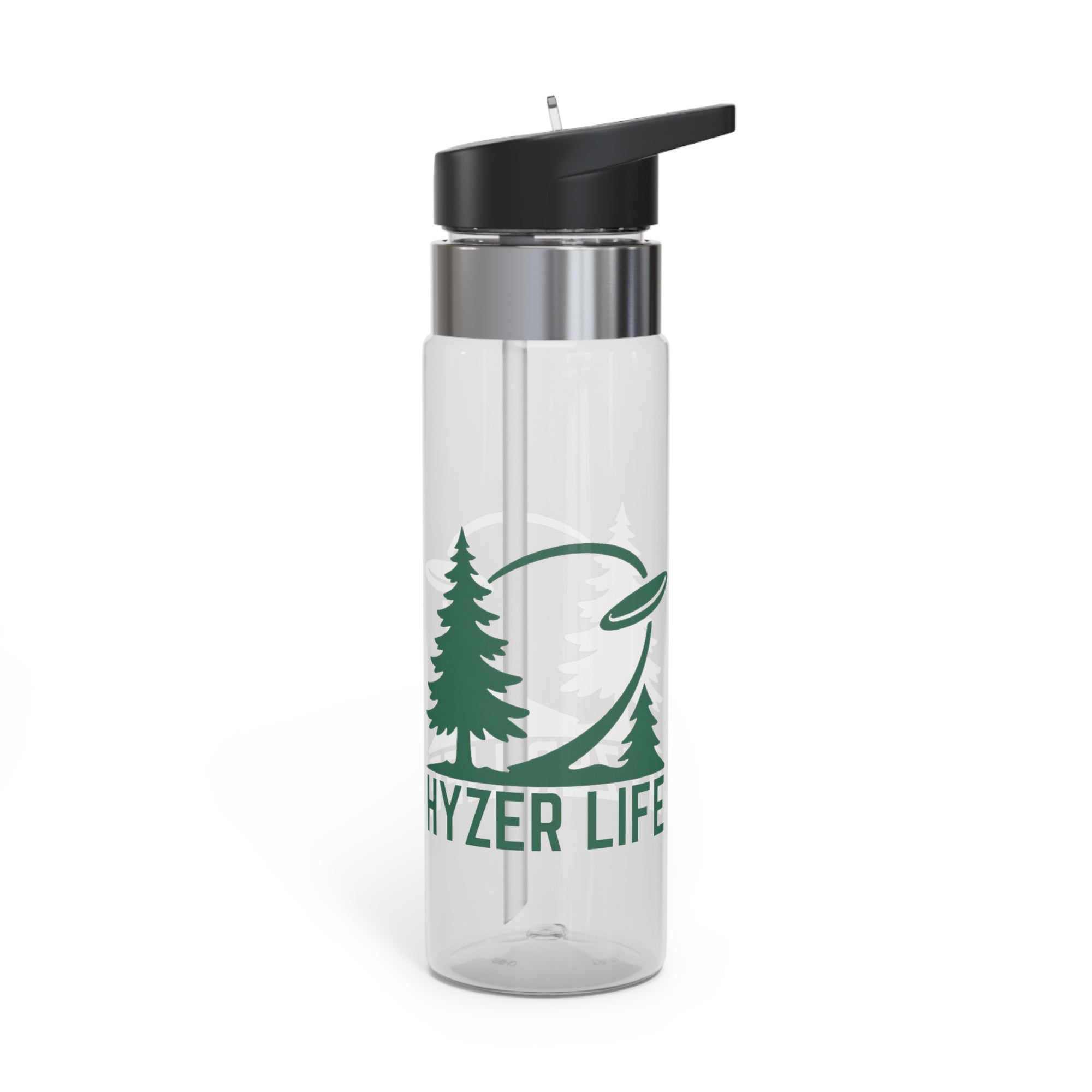 Clear water bottle with lid with green graphic of trees and a disc golf flying with the words 'HYZER LIFE' below the image, on a white background.