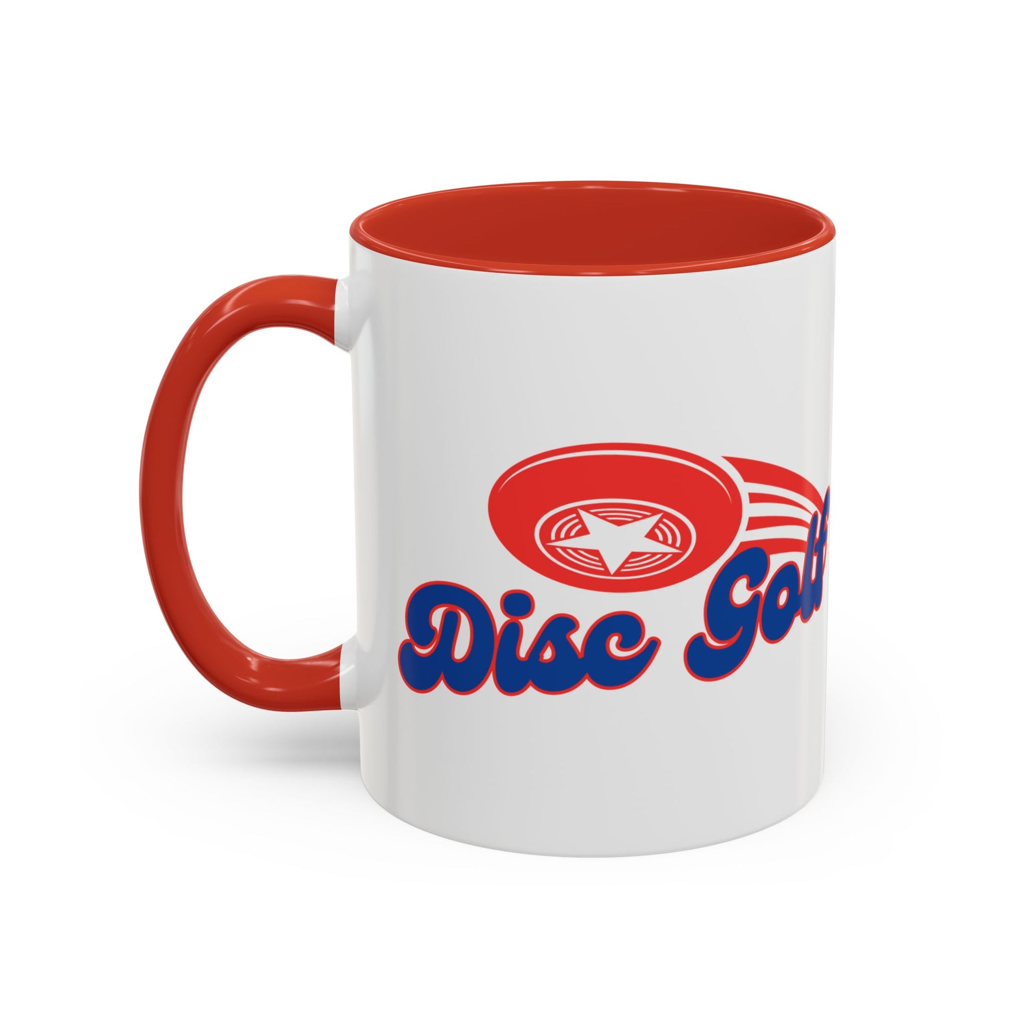 A ceramic coffee mug with red accents on the handle and interior, with 'Disc Golf' in a blue script text outlined in red and disc golf with motion trails, against a white background