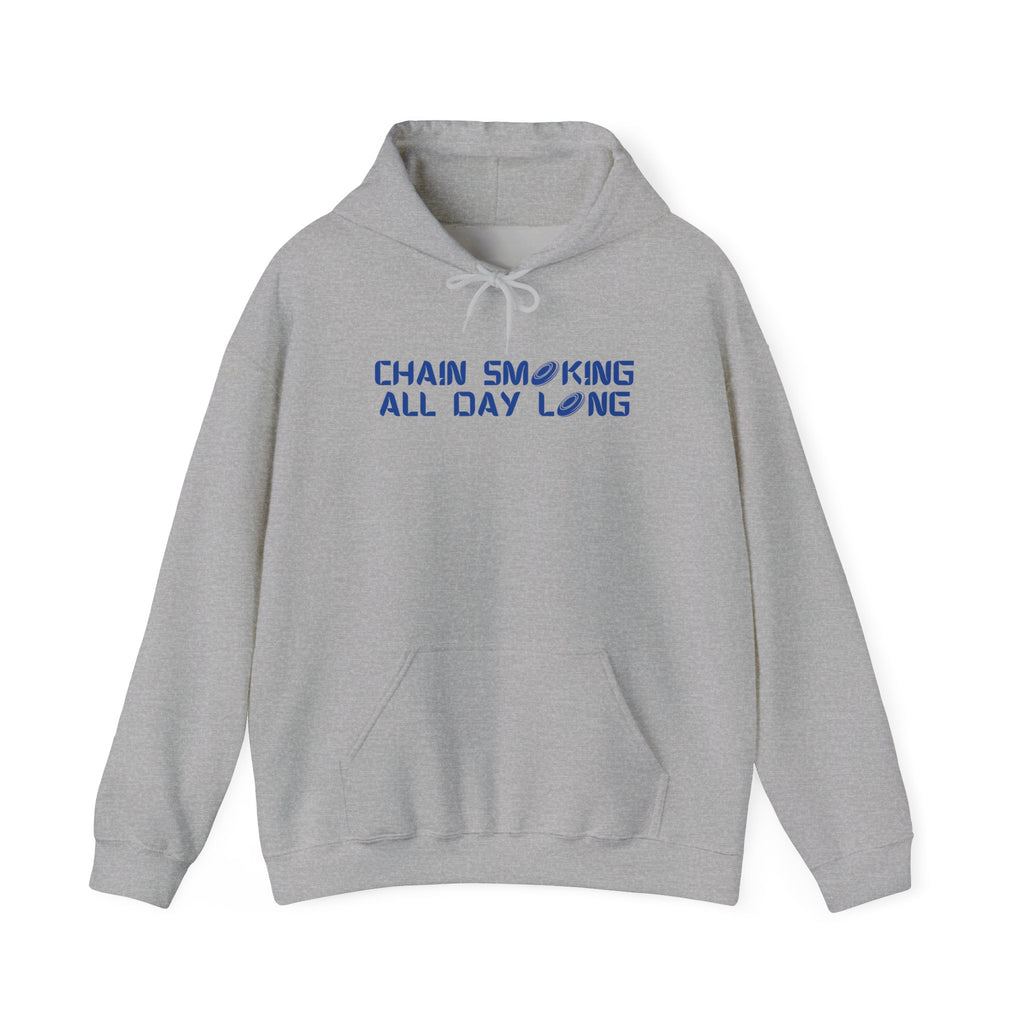 Gray hoodie with 'CHAIN SMOKING ALL DAY LONG' text with the O's replaced by disc golf discs, on a hanger against a white background