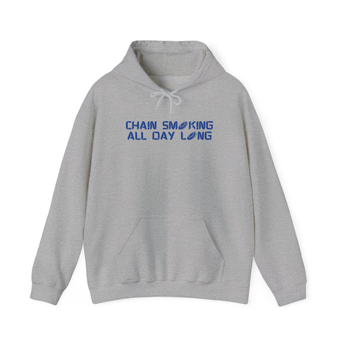 Gray hoodie with 'CHAIN SMOKING ALL DAY LONG' text with the O's replaced by disc golf discs, on a hanger against a white background