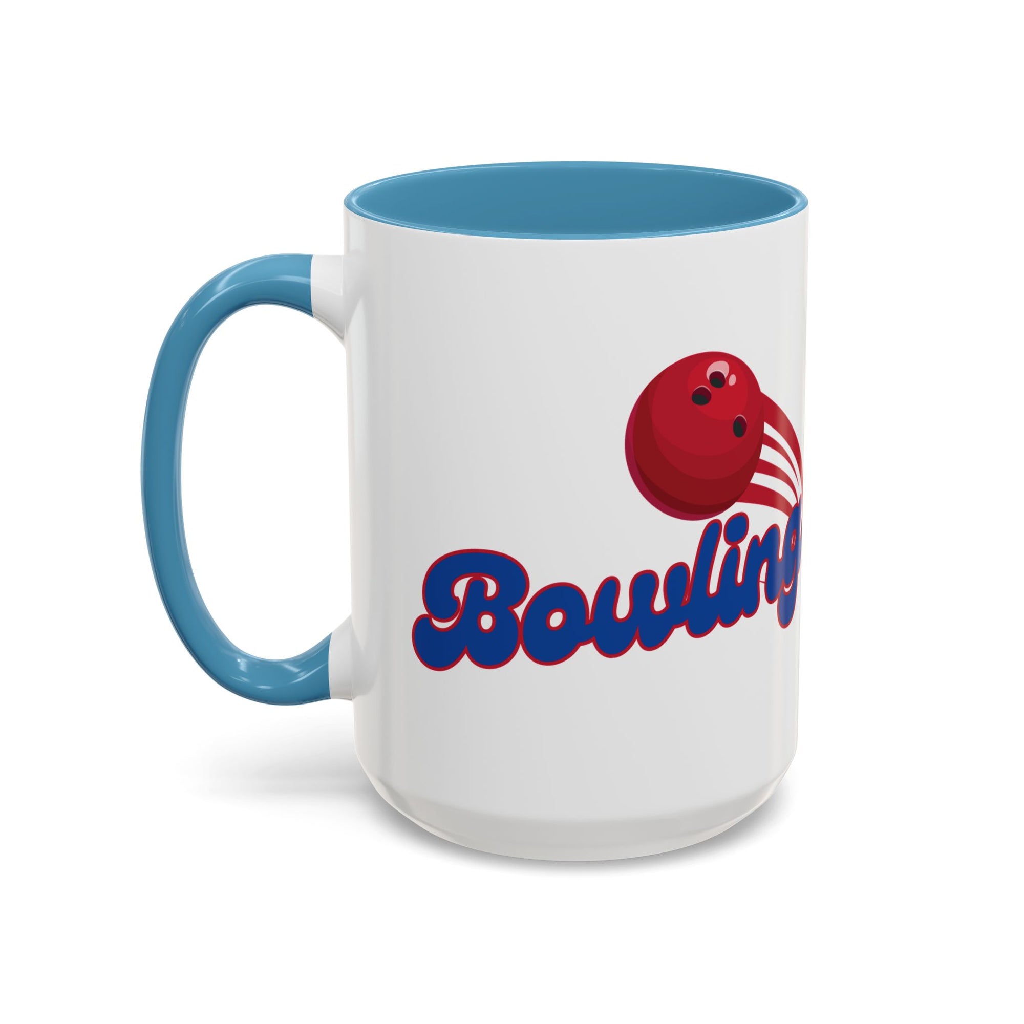 A white ceramic coffee mug with light blue accents on the handle and interior, with a red bowling ball graphic and 'Bowling' text on a white background