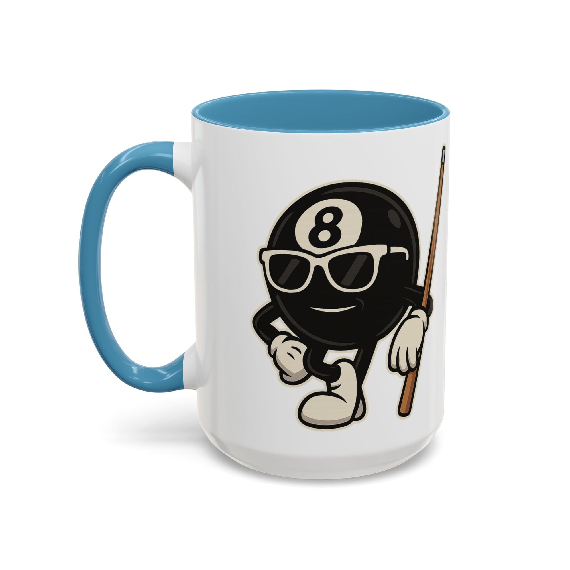 A white ceramic coffee mug with light blue accents on the handle and interior, with a graphic of a cartoon billiards 8 ball with arms and legs and wearing sunglasses and leaning on a cue stick, on a white background