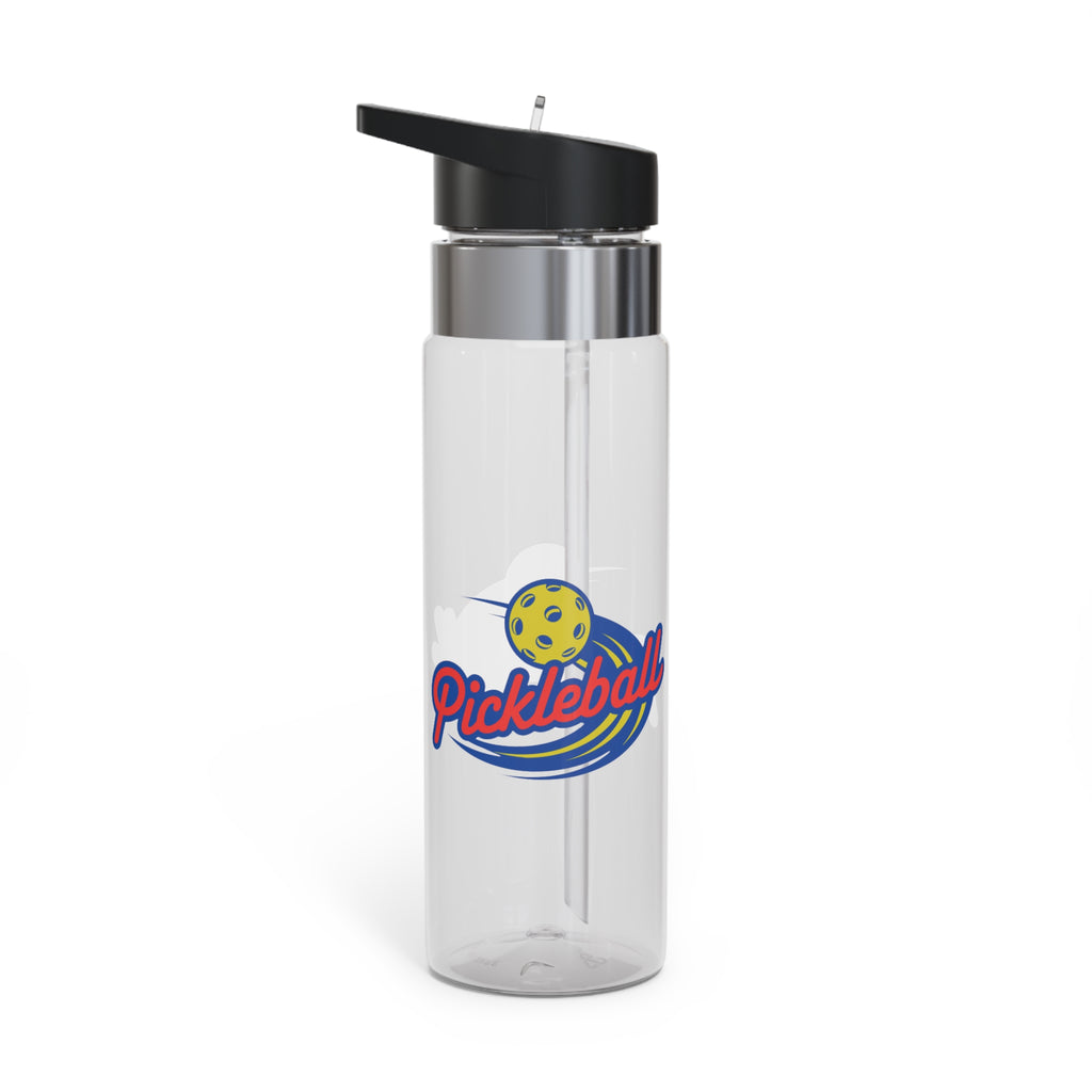A clear water bottle with lid with a classic pickleball logo featuring the word pickleball and a yellow pickleball with motion lines, against a white background