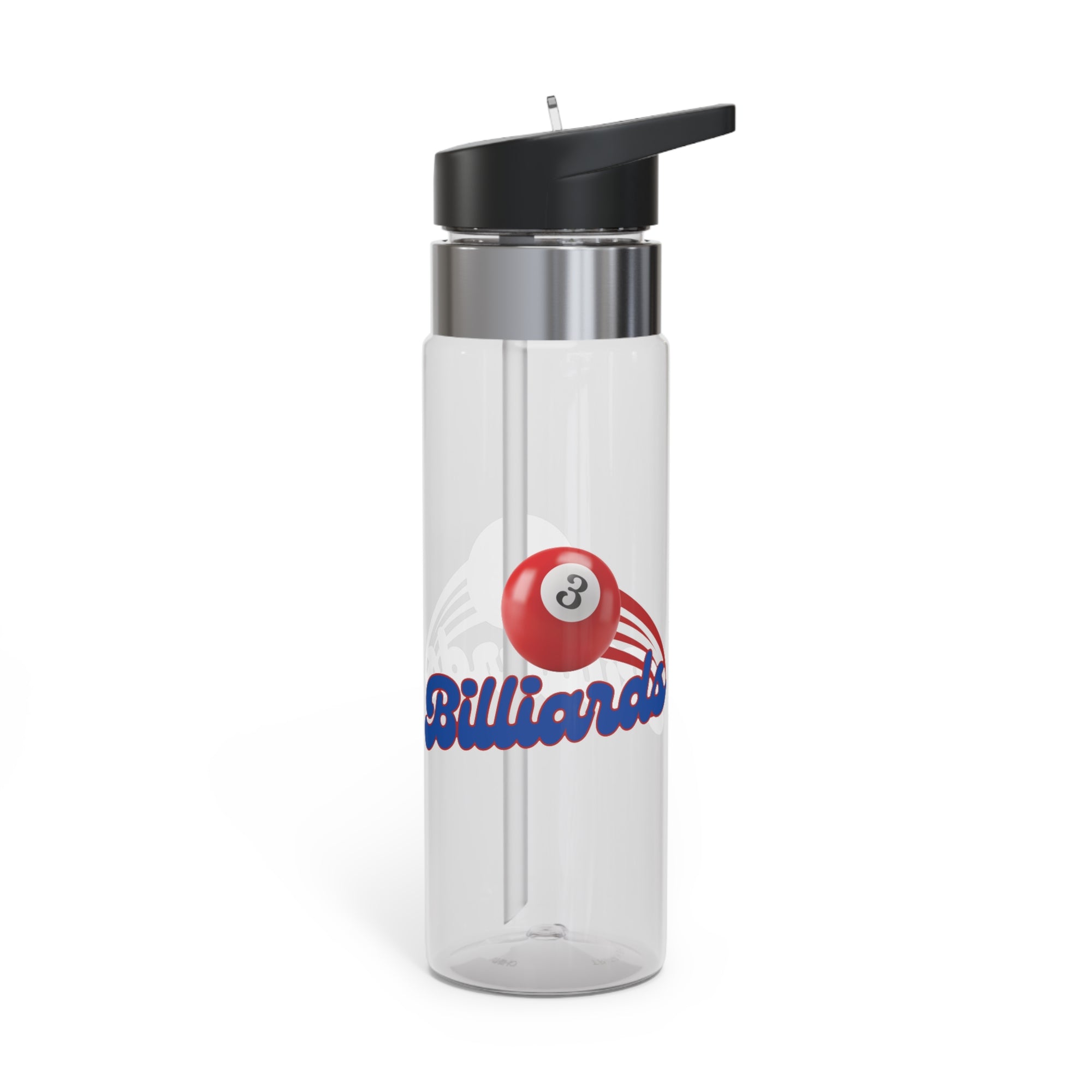 Clear water bottle with black lid, with billiards ball and text that says "Billiards" against a white background