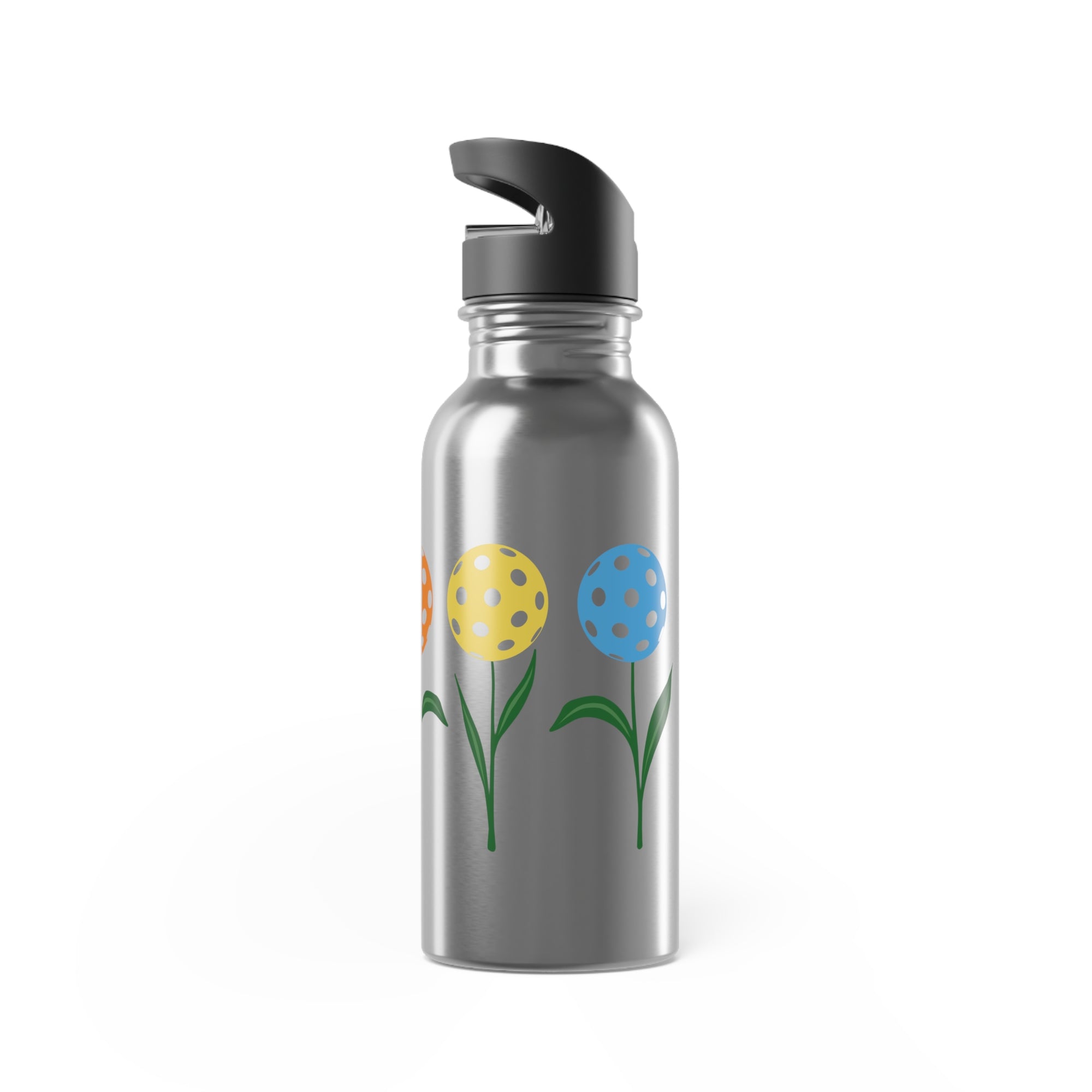 A stainless steel water bottle with lid featuring colorful flowers made from pickleballs on green stems with leaves, against a white background