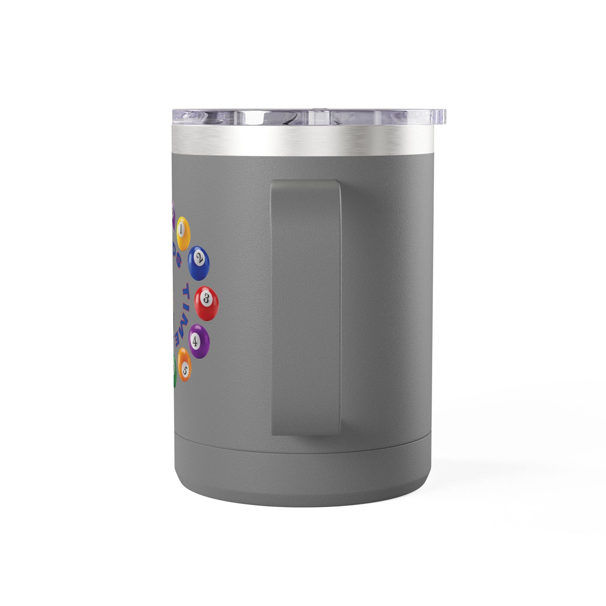Back view of a gray travel coffee mug tumbler with a lid, with the text "Billiards Time" surrounded by a clock made up of colorful billiard balls and cue sticks, on a white background